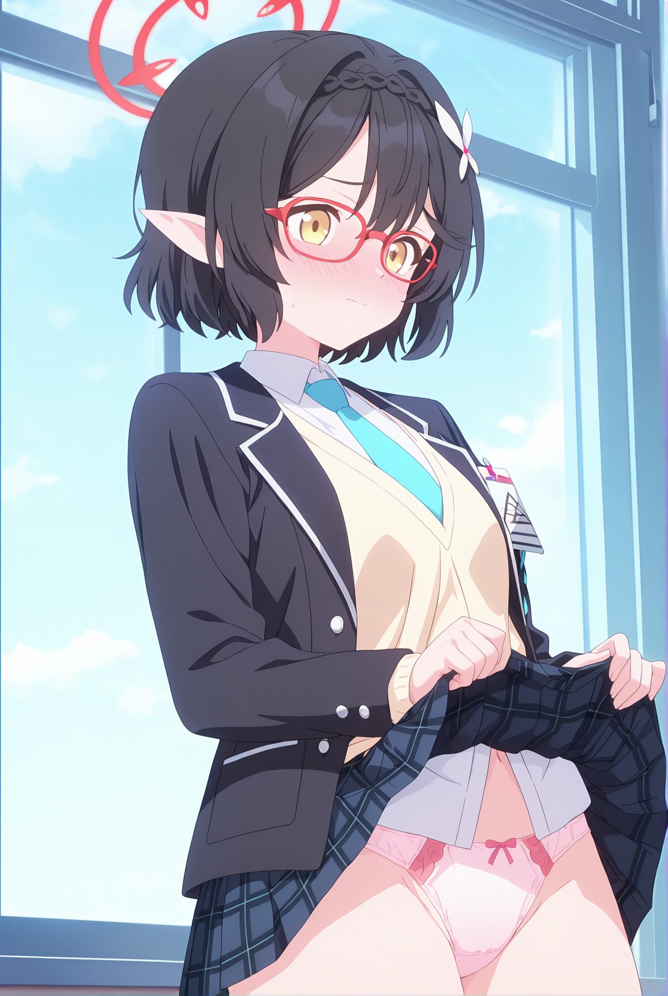 okusora ayane, sensitive, questionable, 1girl, solo, looking_at_viewer, blush, short_hair, bangs, skirt, shirt, black_hair, hair_ornament, long_sleeves, bow, navel, closed_mouth, underwear, school_uniform, panties, jacket, yellow_eyes, white_shirt, braid, flower, cowboy_shot, pleated_skirt, open_clothes, necktie, sky, glasses, day, pointy_ears, collared_shirt, cloud, indoors, hair_flower, clothes_lift, open_jacket, blue_sky, blue_skirt, black_jacket, plaid, window, embarrassed, halo, plaid_skirt, skirt_lift, blazer, lifted_by_self, pink_panties, armband, bow_panties, sweater_vest, red-framed_eyewear, blue_necktie, 赤面, 短い髪, 前髪, スカート, シャツ, 黒髪, 髪飾り, ボウ, 口閉じ, 下着, 学校制服, パンツ, 白シャツ, 衣服開く, 髪の花, 衣服たくし上げ, スカートたくし上げ, セーターベスト, 奥空アヤネ_posted, Posted