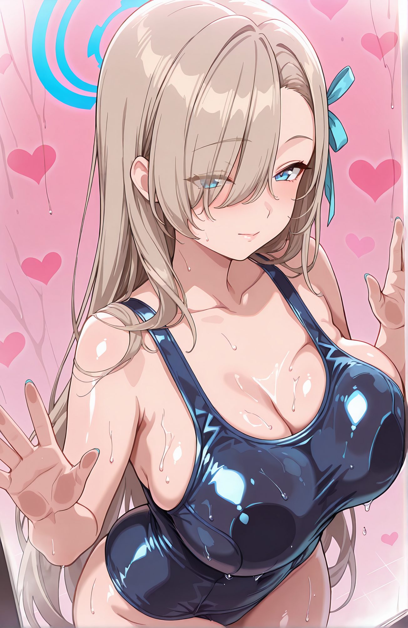 sensitive, 1girl, solo, long_hair, breasts, looking_at_viewer, blush, smile, bangs, blue_eyes, large_breasts, ribbon, cleavage, bare_shoulders, very_long_hair, closed_mouth, collarbone, swimsuit, hair_ribbon, heart, thighs, cowboy_shot, alternate_costume, hair_over_one_eye, wet, one-piece_swimsuit, halo, school_swimsuit, light_brown_hair, eyes_visible_through_hair, blue_ribbon, breast_press, shiny_clothes, blue_one-piece_swimsuit, against_glass, wet_swimsuit, breasts_on_glass, asuna_(blue_archive), 長い髪, 赤面, 笑顔, 前髪, 青い目, 大きな胸, リボン, 肩出し, とても長い髪, 口閉じ, 鎖骨, 水着, 髪リボン, ワンピース水着, 学校水着, パイズリ, アスナ（ブルーアーカイブ）, 一之瀬アスナ_posted