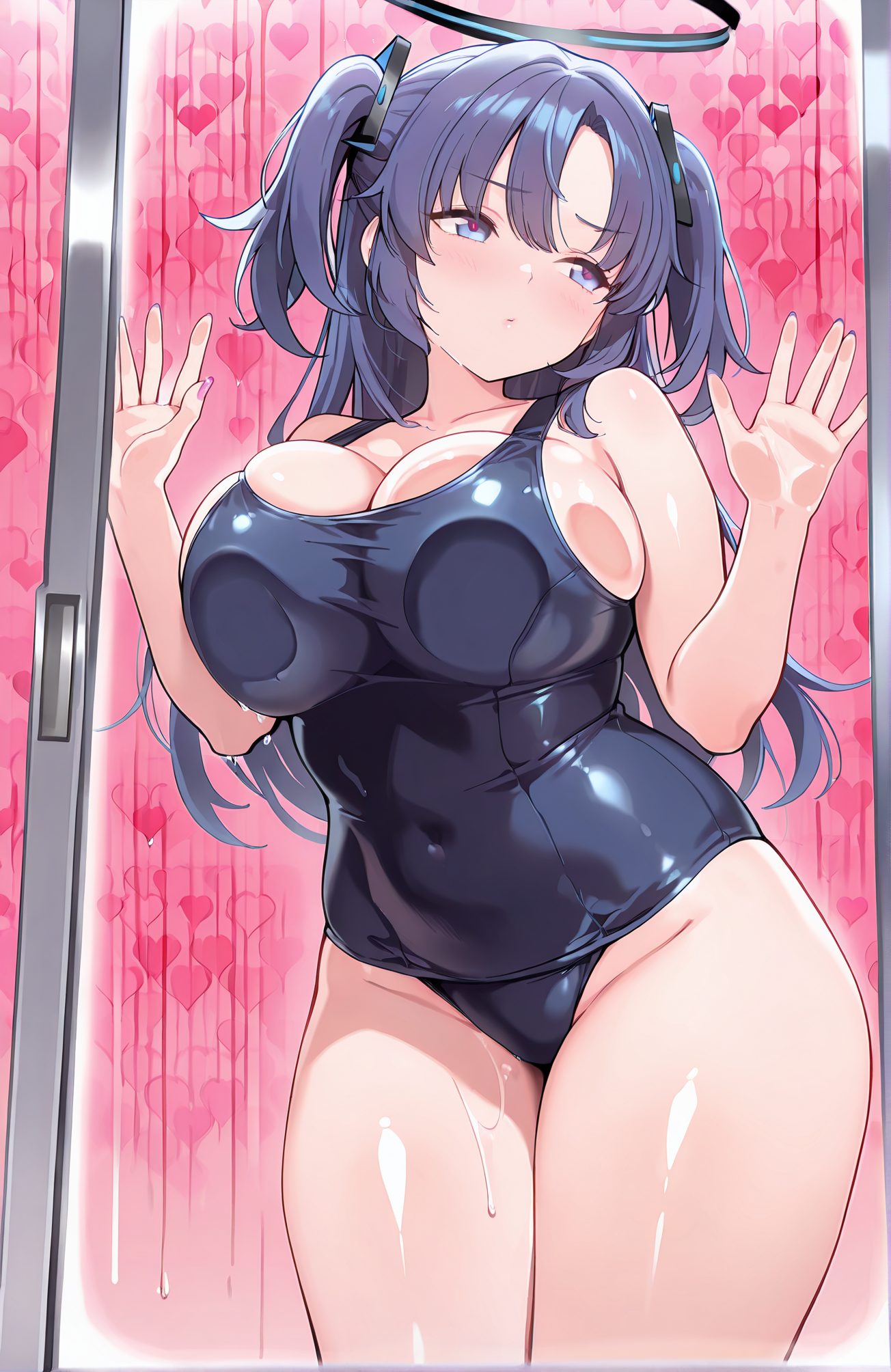 sensitive, questionable, 1girl, solo, long_hair, breasts, blush, bangs, blue_eyes, large_breasts, cleavage, bare_shoulders, closed_mouth, blue_hair, collarbone, swimsuit, purple_hair, heart, thighs, cowboy_shot, two_side_up, wet, one-piece_swimsuit, symbol-shaped_pupils, hands_up, covered_navel, halo, heart-shaped_pupils, school_swimsuit, breast_press, blue_one-piece_swimsuit, black_one-piece_swimsuit, against_glass, breasts_on_glass, yuuka_(blue_archive), 長い髪, 赤面, 前髪, 青い目, 大きな胸, 肩出し, 口閉じ, 青髪, 鎖骨, 水着, 紫髪, 両側アップ, ワンピース水着, ハート目, 学校水着, パイズリ, ユウカ（ブルーアーカイブ）