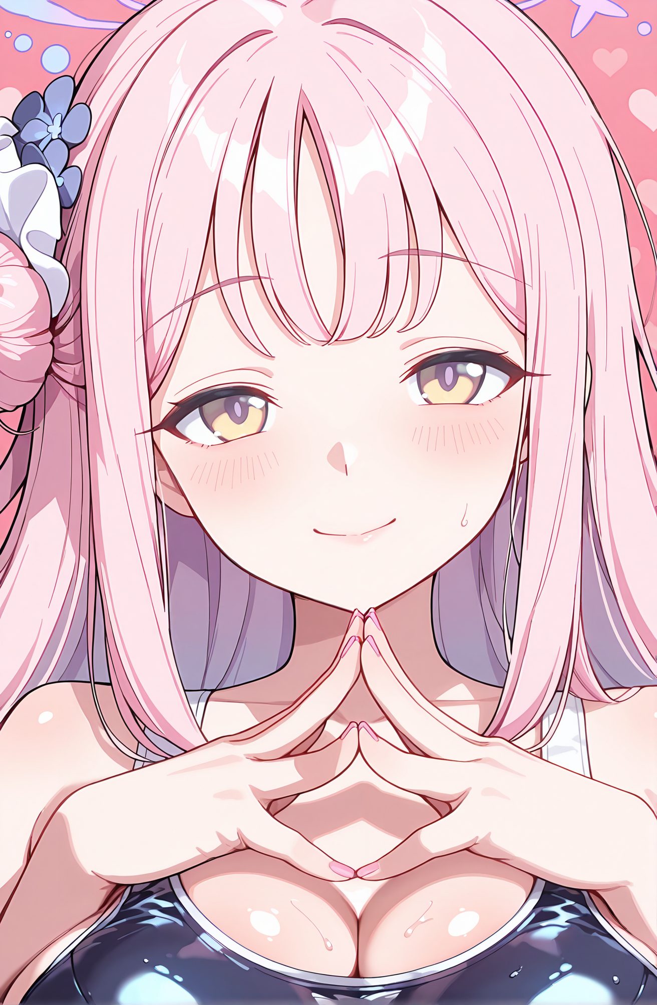 sensitive, 1girl, solo, long_hair, breasts, looking_at_viewer, blush, smile, bangs, large_breasts, hair_ornament, cleavage, closed_mouth, collarbone, swimsuit, yellow_eyes, upper_body, pink_hair, flower, shiny, hair_flower, hair_bun, nail_polish, fingernails, one-piece_swimsuit, halo, school_swimsuit, pink_nails, blue_one-piece_swimsuit, single_side_bun, mika_(blue_archive), 長い髪, 赤面, 笑顔, 前髪, 大きな胸, 髪飾り, 口閉じ, 鎖骨, 水着, ピンク髪, 光沢, 髪の花, 髪団子, ワンピース水着, 学校水着, ミカ（ブルーアーカイブ）