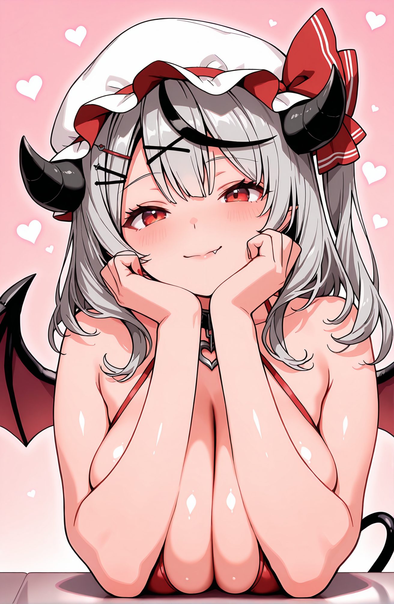 sensitive, 1girl, solo, breasts, looking_at_viewer, blush, smile, bangs, large_breasts, black_hair, hair_ornament, red_eyes, hat, cleavage, bare_shoulders, closed_mouth, tail, swimsuit, upper_body, grey_hair, heart, bikini, multicolored_hair, wings, horns, hairclip, fang, virtual_youtuber, medium_hair, streaked_hair, shiny_skin, mob_cap, demon_girl, x_hair_ornament, demon_horns, demon_tail, red_bikini, demon_wings, head_rest, fang_out, sakamata_chloe, 赤面, 笑顔, 前髪, 大きな胸, 黒髪, 髪飾り, 赤い目, 帽子, 肩出し, 口閉じ, 水着, 灰髪, ビキニ, 多色髪, ヘアクリップ, バーチャルYouTuber, 光沢肌, モブキャップ, 沙花叉クロヱ, 沙花叉クロヱ_posted