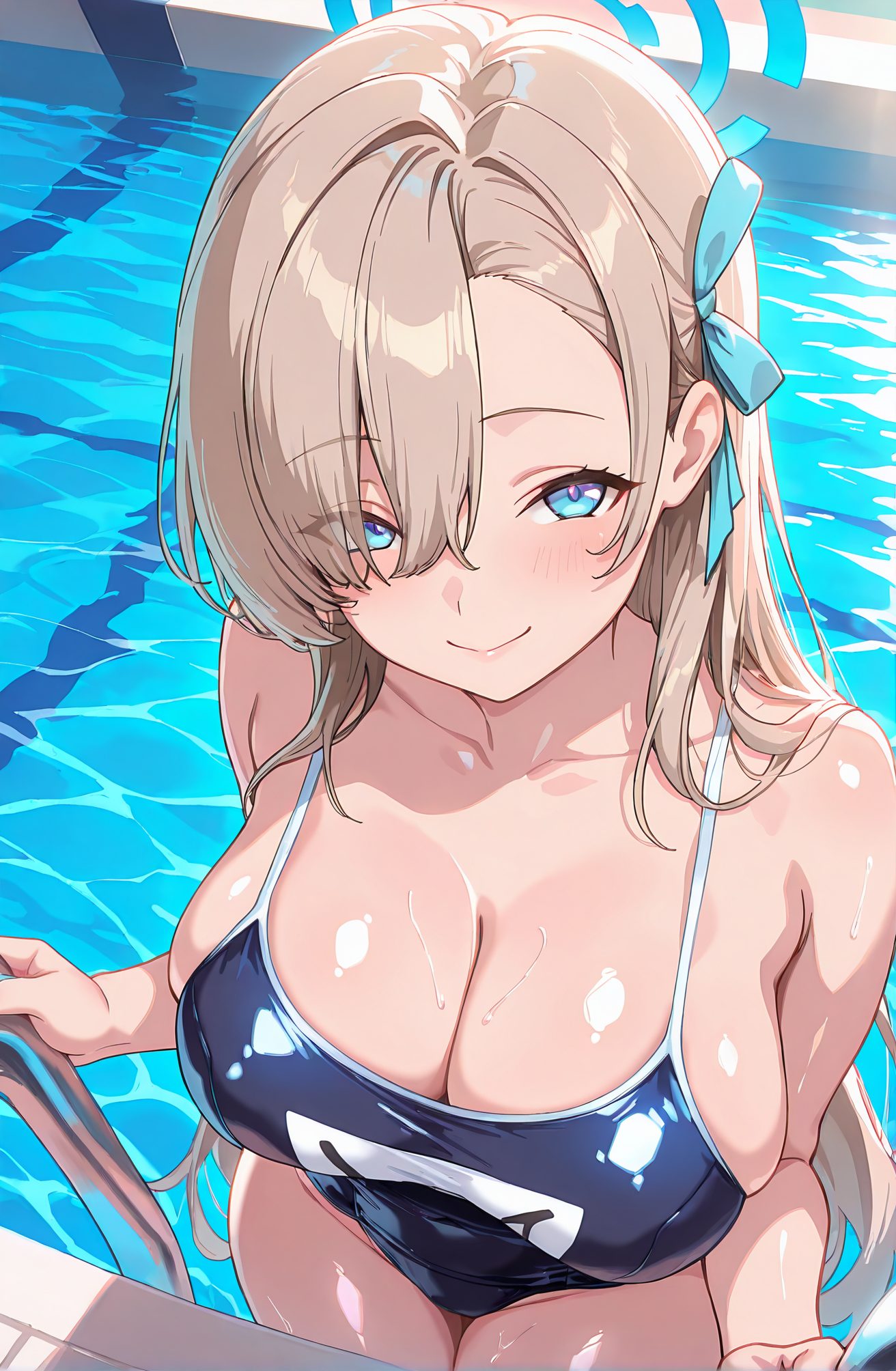 sensitive, 1girl, solo, long_hair, breasts, looking_at_viewer, blush, smile, bangs, blue_eyes, large_breasts, ribbon, cleavage, bare_shoulders, very_long_hair, closed_mouth, collarbone, swimsuit, hair_ribbon, thighs, alternate_costume, shiny, water, hair_over_one_eye, wet, one-piece_swimsuit, skindentation, swept_bangs, halo, school_swimsuit, light_brown_hair, blue_ribbon, shiny_clothes, blue_one-piece_swimsuit, pool, poolside, competition_school_swimsuit, pool_ladder, asuna_(blue_archive), 長い髪, 赤面, 笑顔, 前髪, 青い目, 大きな胸, リボン, 肩出し, とても長い髪, 口閉じ, 鎖骨, 水着, 髪リボン, 光沢, ワンピース水着, 学校水着, 競泳用スクール水着, アスナ（ブルーアーカイブ）, 一之瀬アスナ_posted