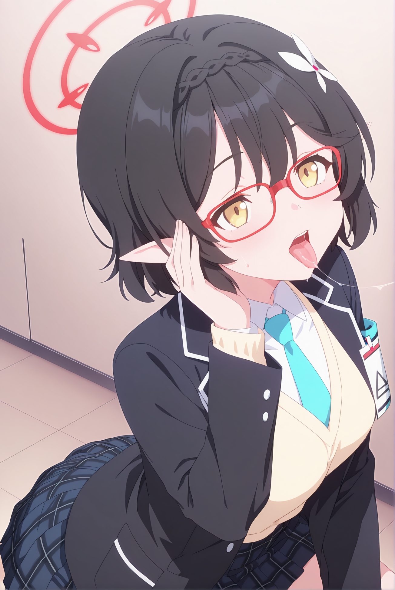 okusora ayane, explicit, 1girl, solo, breasts, blush, short_hair, open_mouth, skirt, black_hair, hair_ornament, school_uniform, jacket, yellow_eyes, necktie, glasses, tongue, pointy_ears, tongue_out, plaid, saliva, halo, plaid_skirt, armband, red-framed_eyewear, blue_necktie, 赤面, 短い髪, 口開き, スカート, 黒髪, 髪飾り, 学校制服, 舌出し, よだれ, 奥空アヤネ_posted, Posted