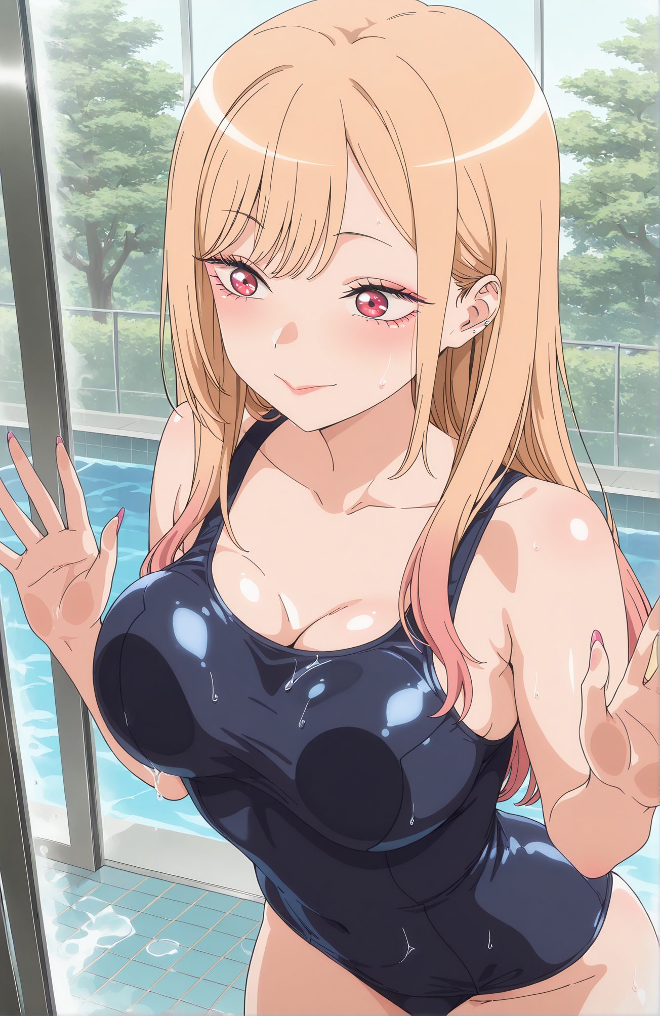 sensitive, 1girl, solo, long_hair, breasts, blush, smile, bangs, blonde_hair, large_breasts, red_eyes, cleavage, closed_mouth, collarbone, swimsuit, multicolored_hair, cowboy_shot, indoors, tree, wet, one-piece_swimsuit, covered_navel, piercing, school_swimsuit, breast_press, ear_piercing, blue_one-piece_swimsuit, tiles, pool, against_glass, breasts_on_glass, kitagawa_marin, 長い髪, 赤面, 笑顔, 前髪, 金髪, 大きな胸, 赤い目, 口閉じ, 鎖骨, 水着, 多色髪, ワンピース水着, 学校水着, パイズリ, 喜多川海夢