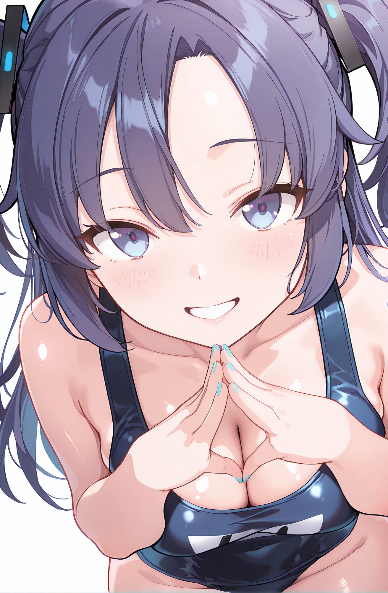 sensitive, 1girl, solo, long_hair, breasts, looking_at_viewer, blush, smile, bangs, blue_eyes, large_breasts, simple_background, white_background, cleavage, bare_shoulders, collarbone, swimsuit, purple_hair, heart, nail_polish, grin, two_side_up, one-piece_swimsuit, parted_bangs, halo, school_swimsuit, blue_one-piece_swimsuit, yuuka_(blue_archive), 長い髪, 赤面, 笑顔, 前髪, 青い目, 大きな胸, 肩出し, 鎖骨, 水着, 紫髪, 両側アップ, ワンピース水着, 学校水着, ユウカ（ブルーアーカイブ）
