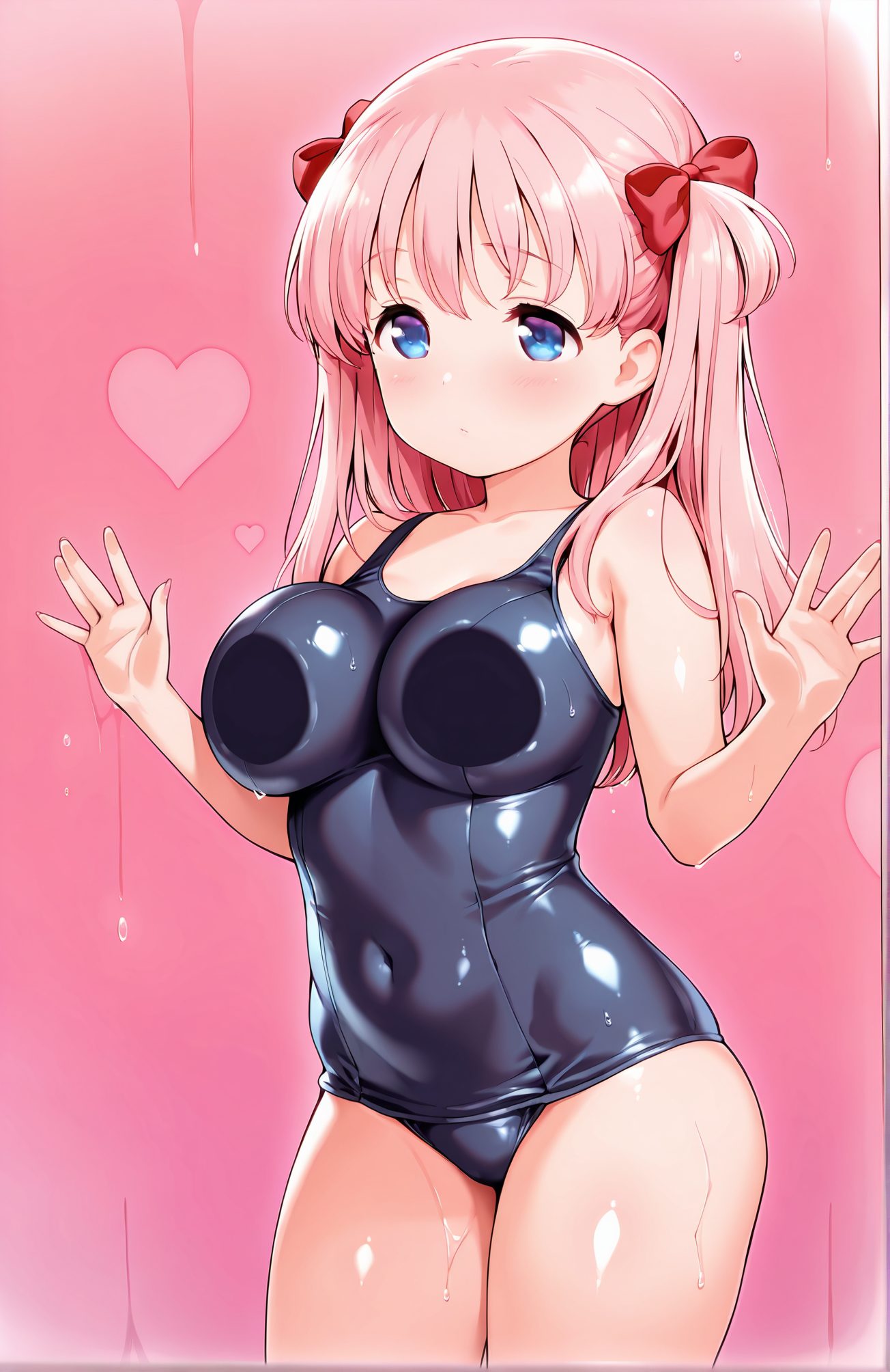 sensitive, 1girl, solo, long_hair, breasts, looking_at_viewer, blush, bangs, blue_eyes, large_breasts, bow, bare_shoulders, closed_mouth, standing, collarbone, swimsuit, pink_hair, hair_bow, heart, thighs, cowboy_shot, shiny, red_bow, two_side_up, wet, one-piece_swimsuit, shiny_skin, hands_up, bare_arms, covered_navel, skindentation, school_swimsuit, breast_press, wet_clothes, shiny_clothes, blue_one-piece_swimsuit, black_one-piece_swimsuit, against_glass, wet_swimsuit, breasts_on_glass, haramura_nodoka, 長い髪, 赤面, 前髪, 青い目, 大きな胸, ボウ, 肩出し, 口閉じ, 鎖骨, 水着, ピンク髪, 髪ボウ, 光沢, 赤リボン, 両側アップ, ワンピース水着, 光沢肌, 学校水着, パイズリ, 原村和, 原村和_posted