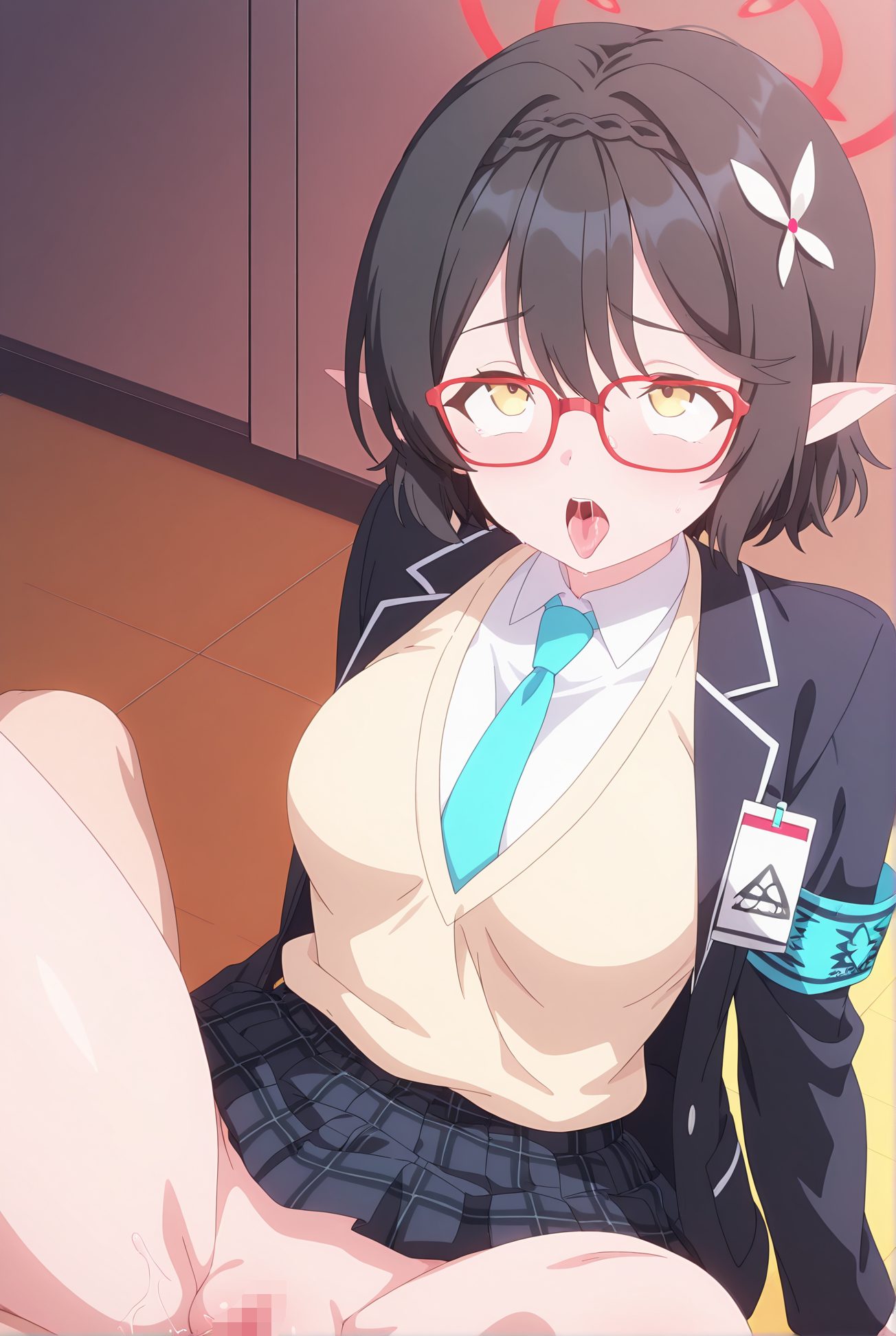 okusora ayane, explicit, 1girl, breasts, blush, short_hair, open_mouth, bangs, skirt, large_breasts, shirt, black_hair, hair_ornament, long_sleeves, 1boy, hair_between_eyes, school_uniform, jacket, yellow_eyes, white_shirt, braid, flower, hetero, pleated_skirt, censored, open_clothes, necktie, penis, glasses, pussy, solo_focus, tongue, pointy_ears, collared_shirt, indoors, hair_flower, spread_legs, sex, tongue_out, miniskirt, vest, mosaic_censoring, vaginal, open_jacket, blue_skirt, black_jacket, plaid, saliva, uncensored, pussy_juice, no_panties, halo, plaid_skirt, blazer, armband, clothed_sex, sweater_vest, clothed_female_nude_male, red-framed_eyewear, blue_necktie, on_floor, ahegao, id_card, rolling_eyes, 赤面, 短い髪, 口開き, 前髪, スカート, 大きな胸, シャツ, 黒髪, 髪飾り, 目にかかる髪, 学校制服, 白シャツ, 衣服開く, 髪の花, 脚開き, セックス, 舌出し, ミニスカート, 膣内, よだれ, 無修正, 愛液, ノーパン, 着衣セックス, セーターベスト, アヘ顔, 目が回る, 奥空アヤネ_posted, Posted
