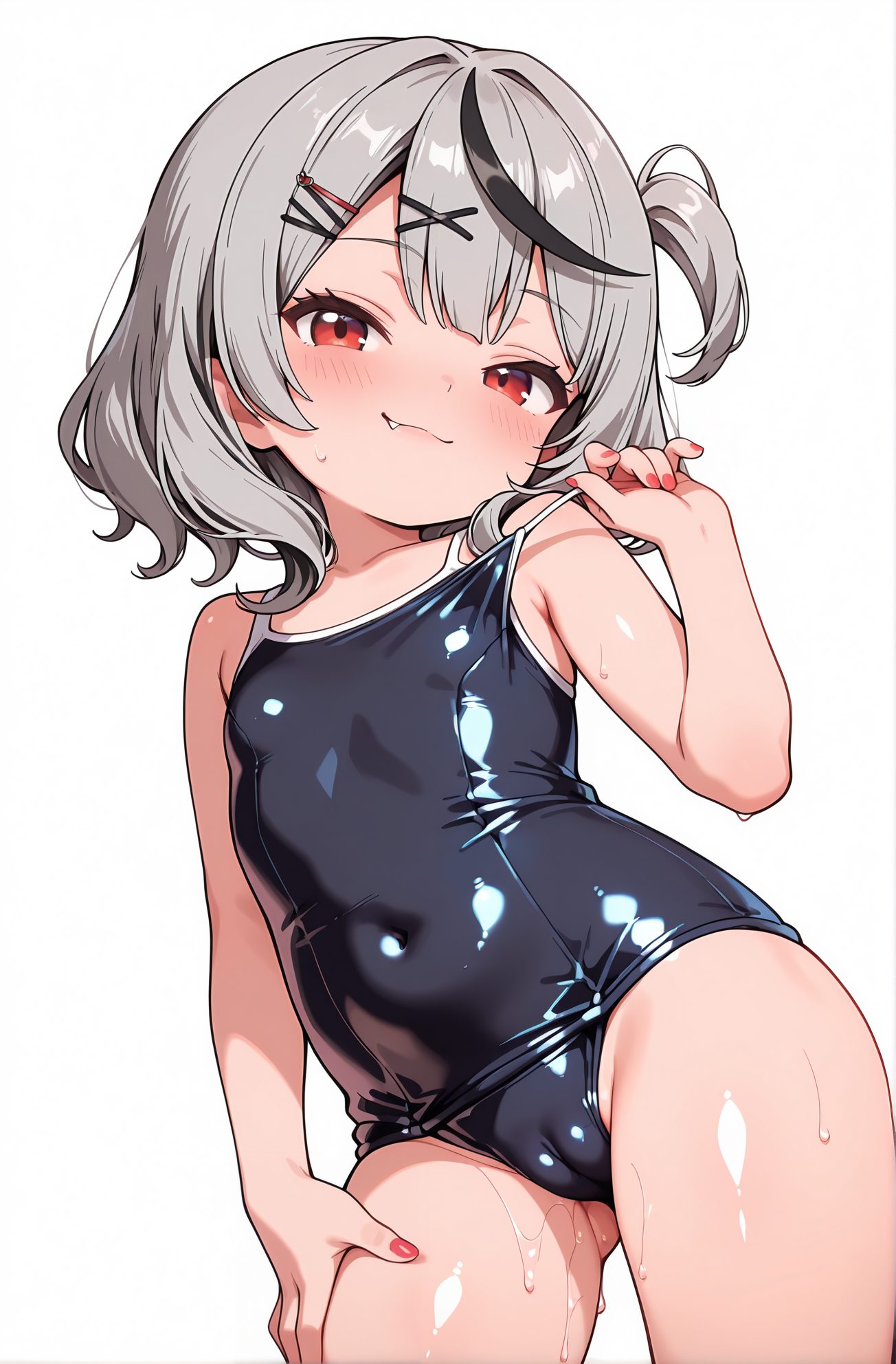 questionable, 1girl, solo, breasts, looking_at_viewer, blush, smile, short_hair, bangs, simple_background, black_hair, hair_ornament, red_eyes, white_background, closed_mouth, swimsuit, grey_hair, multicolored_hair, small_breasts, hairclip, fang, shiny, virtual_youtuber, nail_polish, streaked_hair, wet, one-piece_swimsuit, loli, covered_navel, cameltoe, clothes_pull, school_swimsuit, x_hair_ornament, red_nails, shiny_clothes, black_one-piece_swimsuit, pulled_by_self, fang_out, hand_on_own_thigh, sakamata_chloe, 赤面, 笑顔, 短い髪, 前髪, 黒髪, 髪飾り, 赤い目, 口閉じ, 水着, 灰髪, 多色髪, 小さな胸, ヘアクリップ, 光沢, バーチャルYouTuber, ワンピース水着, ロリ, 学校水着, 沙花叉クロヱ