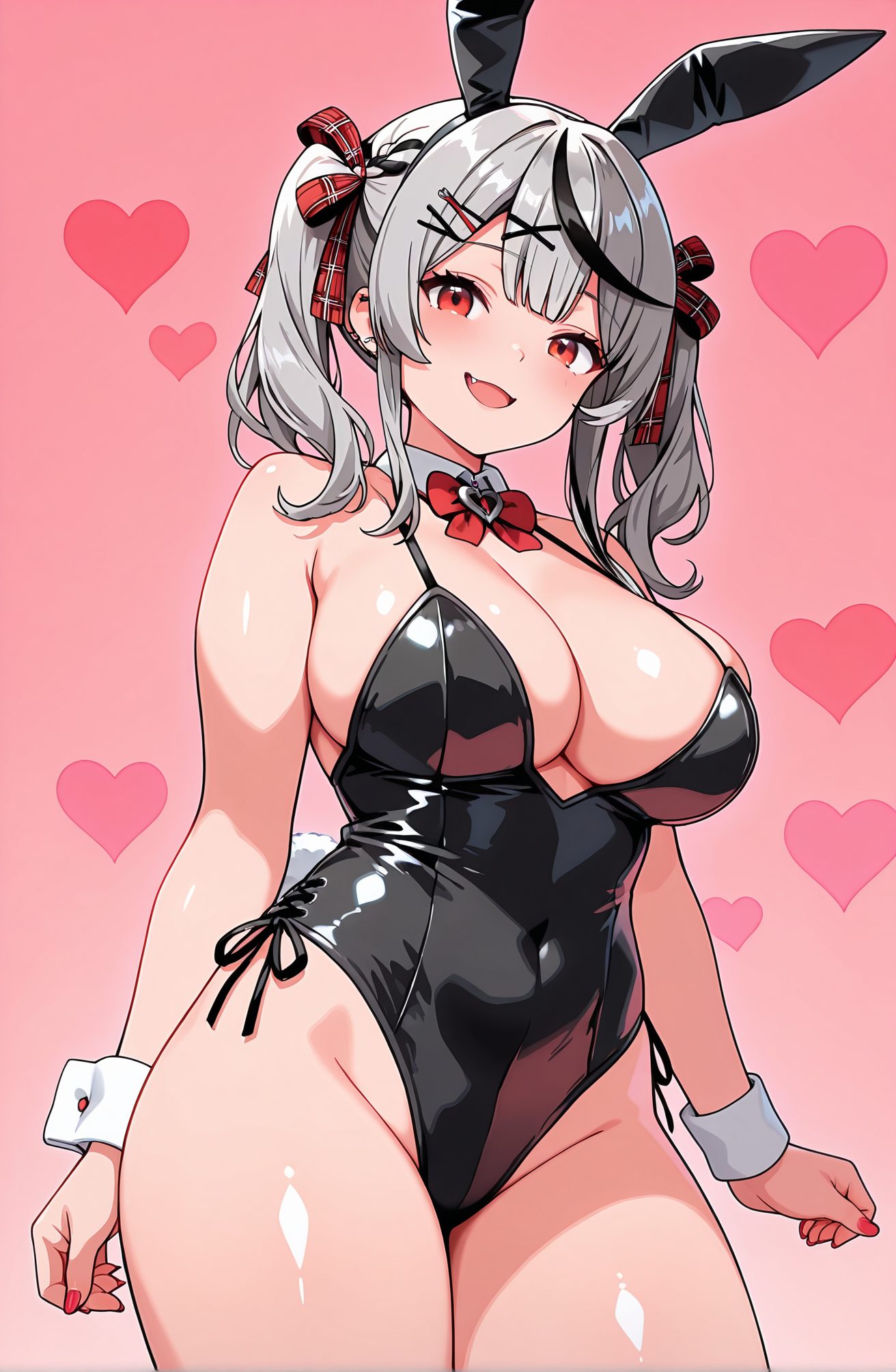 sensitive, 1girl, solo, breasts, looking_at_viewer, blush, smile, open_mouth, bangs, large_breasts, black_hair, hair_ornament, red_eyes, bow, ribbon, animal_ears, cleavage, bare_shoulders, twintails, tail, hair_ribbon, braid, :d, grey_hair, heart, thighs, multicolored_hair, cowboy_shot, hairclip, fang, virtual_youtuber, bowtie, medium_hair, nail_polish, rabbit_ears, red_bow, leotard, streaked_hair, wrist_cuffs, bare_legs, covered_navel, detached_collar, fake_animal_ears, highleg, piercing, playboy_bunny, pink_background, x_hair_ornament, rabbit_tail, ear_piercing, black_leotard, red_nails, skin_fang, highleg_leotard, plaid_bow, sakamata_chloe, 赤面, 笑顔, 口開き, 前髪, 大きな胸, 黒髪, 髪飾り, 赤い目, ボウ, リボン, 動物耳, 肩出し, ツインテール, 髪リボン, 灰髪, 多色髪, ヘアクリップ, バーチャルYouTuber, うさ耳, 赤リボン, レオタード, 偽動物耳, プレイボーイバニー, 黒レオタード, ハイレグレオタード, 沙花叉クロヱ, ok