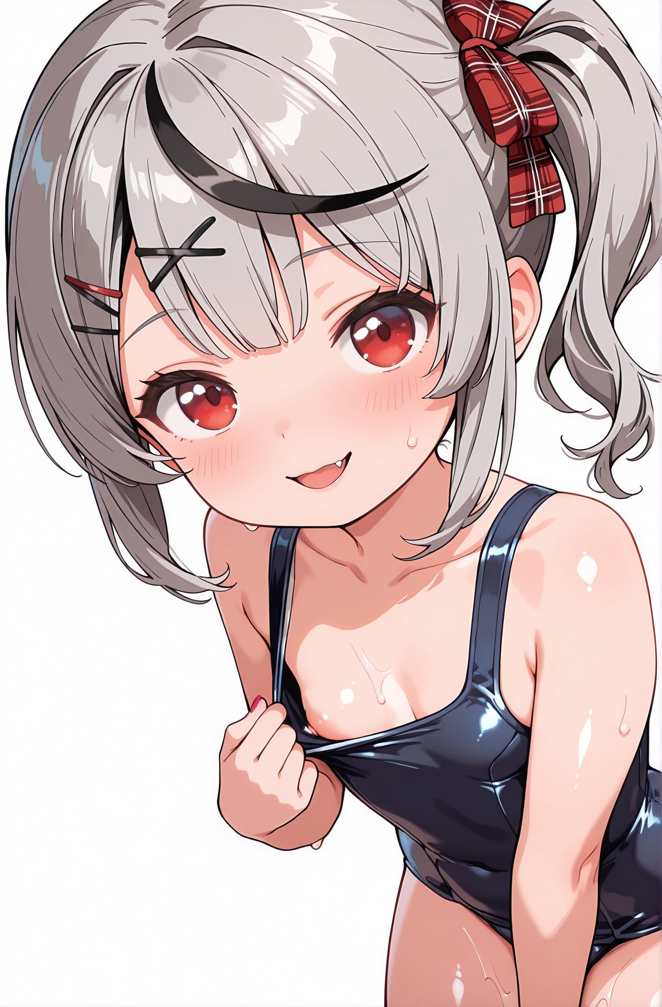 questionable, 1girl, solo, breasts, looking_at_viewer, blush, smile, open_mouth, bangs, simple_background, black_hair, hair_ornament, red_eyes, white_background, bow, bare_shoulders, nipples, collarbone, swimsuit, :d, hair_bow, grey_hair, multicolored_hair, small_breasts, hairclip, fang, virtual_youtuber, red_bow, streaked_hair, wet, one-piece_swimsuit, loli, clothes_pull, school_swimsuit, aged_down, x_hair_ornament, black_one-piece_swimsuit, nipple_slip, pulled_by_self, one-piece_swimsuit_pull, sakamata_chloe, 赤面, 笑顔, 口開き, 前髪, 黒髪, 髪飾り, 赤い目, ボウ, 肩出し, 乳首, 鎖骨, 水着, 髪ボウ, 灰髪, 多色髪, 小さな胸, ヘアクリップ, バーチャルYouTuber, 赤リボン, ワンピース水着, ロリ, 学校水着, 沙花叉クロヱ