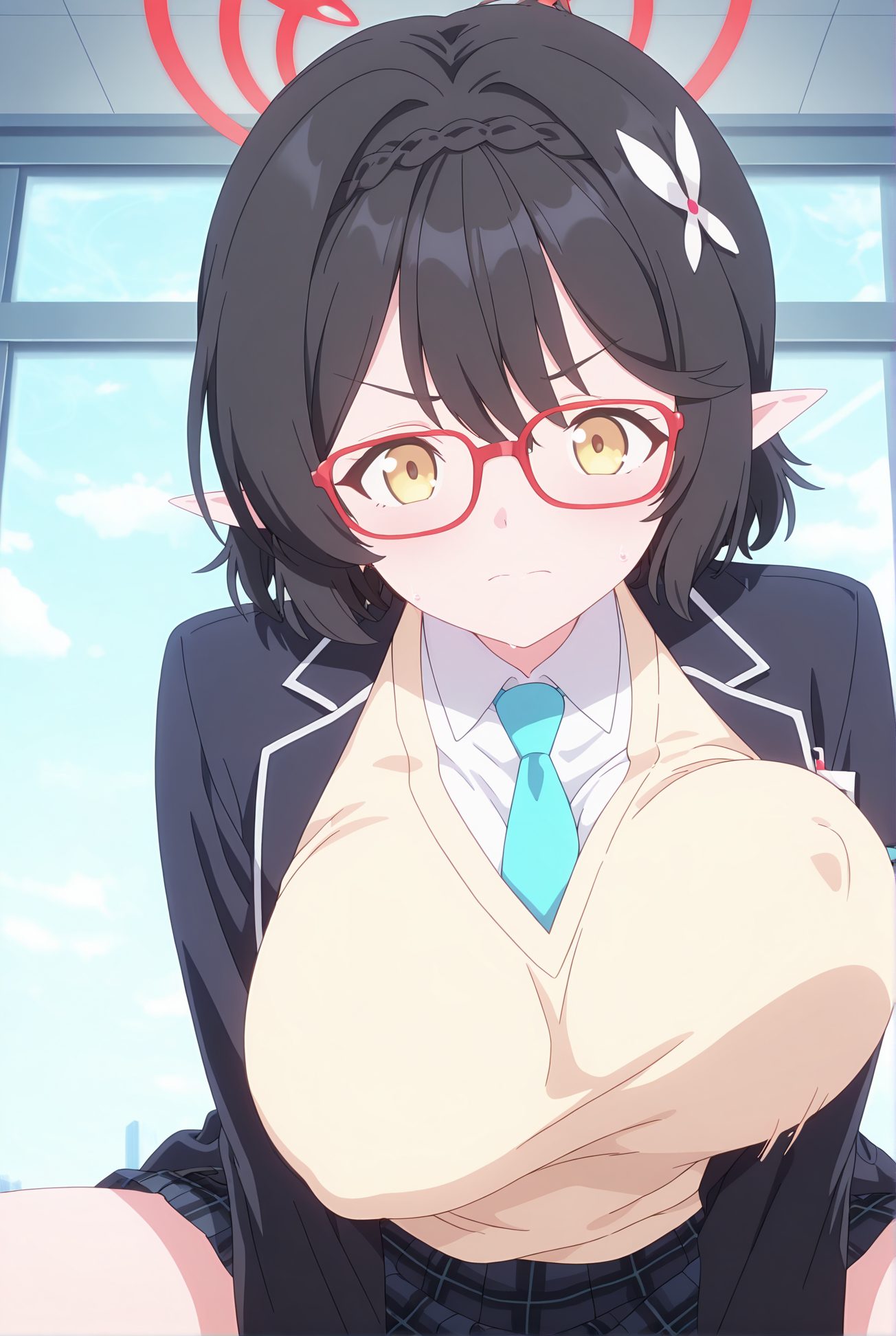 okusora ayane, sensitive, 1girl, solo, breasts, looking_at_viewer, blush, short_hair, bangs, skirt, large_breasts, shirt, black_hair, hair_ornament, closed_mouth, school_uniform, jacket, yellow_eyes, white_shirt, braid, sweat, pleated_skirt, necktie, glasses, pointy_ears, collared_shirt, spread_legs, covered_nipples, plaid, window, halo, plaid_skirt, sweater_vest, red-framed_eyewear, blue_necktie, 赤面, 短い髪, 前髪, スカート, 大きな胸, シャツ, 黒髪, 髪飾り, 口閉じ, 学校制服, 白シャツ, 汗, 脚開き, セーターベスト, 奥空アヤネ_posted, Posted