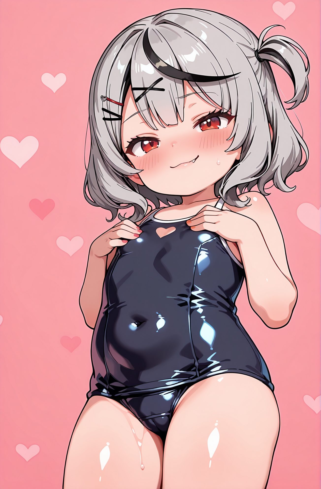 sensitive, questionable, 1girl, solo, breasts, looking_at_viewer, blush, smile, short_hair, bangs, simple_background, black_hair, hair_ornament, red_eyes, closed_mouth, swimsuit, grey_hair, heart, multicolored_hair, hairclip, fang, shiny, virtual_youtuber, medium_hair, flat_chest, streaked_hair, one-piece_swimsuit, covered_navel, cameltoe, one_side_up, pink_background, school_swimsuit, aged_down, x_hair_ornament, shiny_clothes, black_one-piece_swimsuit, sakamata_chloe, 赤面, 笑顔, 短い髪, 前髪, 黒髪, 髪飾り, 赤い目, 口閉じ, 水着, 灰髪, 多色髪, ヘアクリップ, 光沢, バーチャルYouTuber, 平らな胸, ワンピース水着, 片側アップ, 学校水着, 沙花叉クロヱ