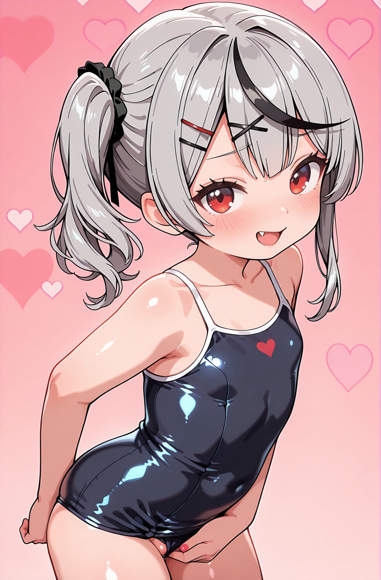 questionable, explicit, 1girl, solo, breasts, looking_at_viewer, blush, smile, open_mouth, bangs, black_hair, hair_ornament, red_eyes, collarbone, swimsuit, :d, grey_hair, heart, multicolored_hair, small_breasts, pussy, hairclip, fang, shiny, virtual_youtuber, nail_polish, side_ponytail, streaked_hair, one-piece_swimsuit, loli, covered_navel, pink_background, scrunchie, school_swimsuit, aged_down, x_hair_ornament, hair_scrunchie, shiny_clothes, black_one-piece_swimsuit, competition_school_swimsuit, heart_background, sakamata_chloe, 赤面, 笑顔, 口開き, 前髪, 黒髪, 髪飾り, 赤い目, 鎖骨, 水着, 灰髪, 多色髪, 小さな胸, ヘアクリップ, 光沢, バーチャルYouTuber, サイドポニーテール, ワンピース水着, ロリ, 学校水着, ヘアシュシュ, 競泳用スクール水着, 沙花叉クロヱ