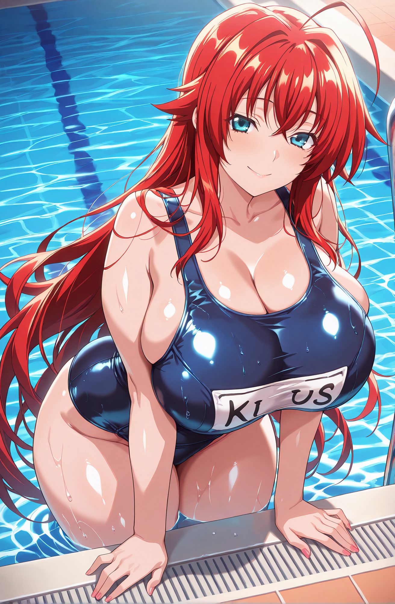sensitive, 1girl, solo, long_hair, breasts, looking_at_viewer, blush, smile, bangs, blue_eyes, cleavage, hair_between_eyes, bare_shoulders, very_long_hair, closed_mouth, collarbone, swimsuit, ahoge, thighs, red_hair, water, huge_breasts, wet, one-piece_swimsuit, school_swimsuit, blue_one-piece_swimsuit, name_tag, pool, poolside, pool_ladder, rias_gremory, 長い髪, 赤面, 笑顔, 前髪, 青い目, 目にかかる髪, 肩出し, とても長い髪, 口閉じ, 鎖骨, 水着, アホ毛, 赤髪, 巨大な胸, ワンピース水着, 学校水着, リアス・グレモリー