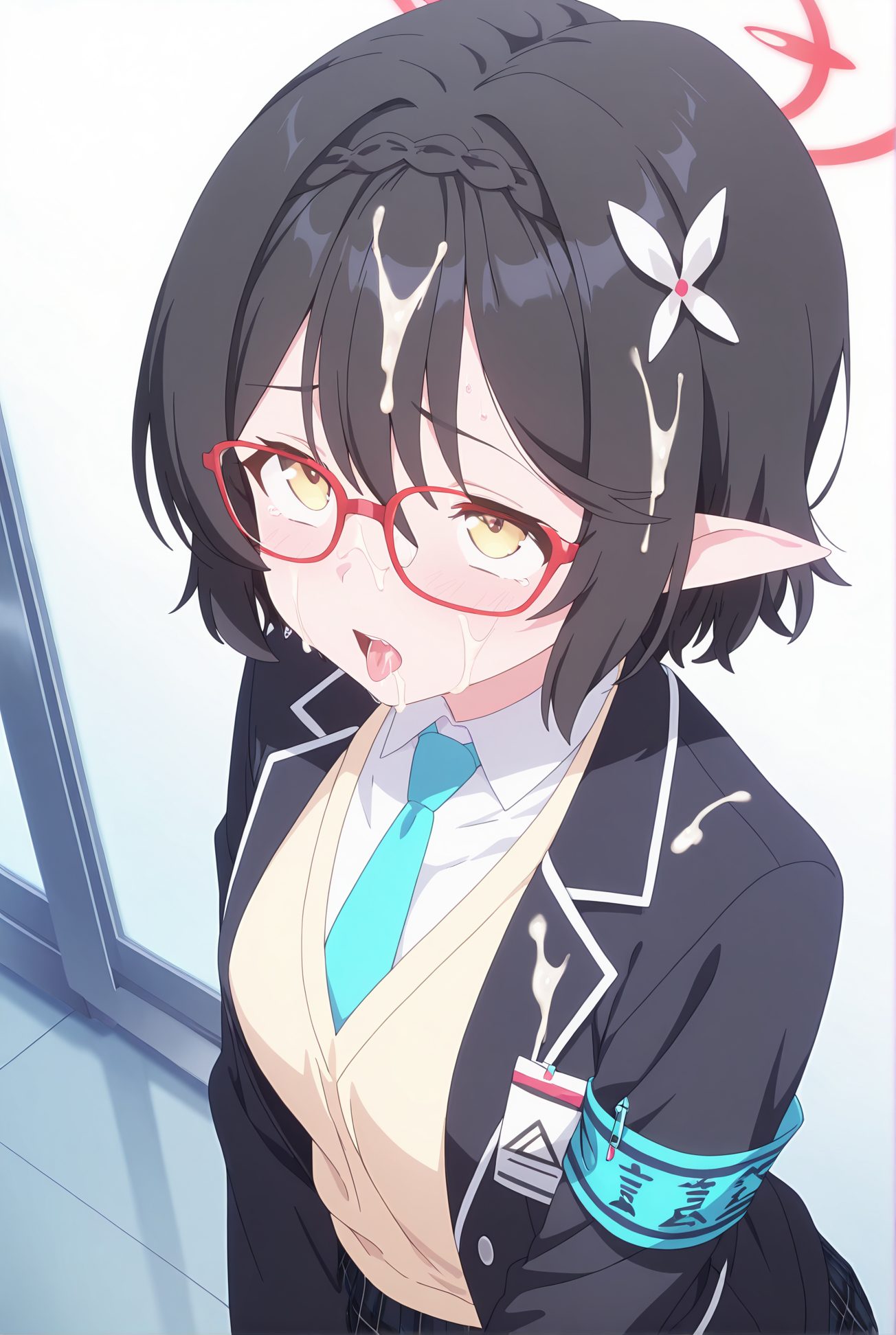 okusora ayane, explicit, 1girl, solo, blush, short_hair, open_mouth, bangs, skirt, shirt, black_hair, hair_ornament, long_sleeves, school_uniform, jacket, yellow_eyes, white_shirt, braid, flower, pleated_skirt, open_clothes, necktie, glasses, tongue, pointy_ears, collared_shirt, hair_flower, cum, tongue_out, black_jacket, plaid, halo, plaid_skirt, facial, armband, red-framed_eyewear, cum_in_mouth, blue_necktie, cum_on_hair, cum_on_tongue, after_fellatio, 赤面, 短い髪, 口開き, 前髪, スカート, シャツ, 黒髪, 髪飾り, 学校制服, 白シャツ, 衣服開く, 髪の花, 精液, 舌出し, 口内射精, 髪へのぶっかけ, 奥空アヤネ_posted, Posted
