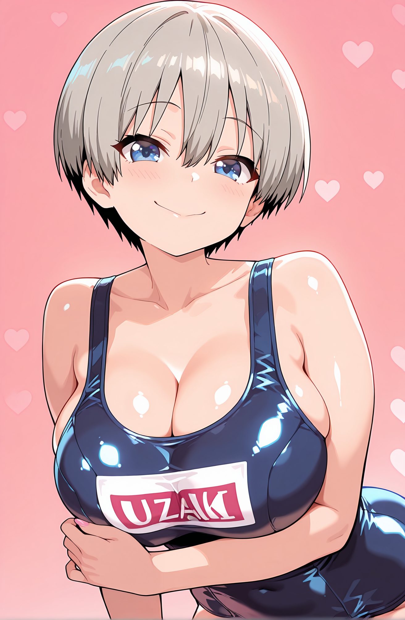 sensitive, 1girl, solo, breasts, looking_at_viewer, blush, smile, short_hair, bangs, blue_eyes, large_breasts, cleavage, hair_between_eyes, bare_shoulders, closed_mouth, collarbone, swimsuit, grey_hair, heart, shiny, shiny_hair, one-piece_swimsuit, shiny_skin, covered_navel, skindentation, pink_background, school_swimsuit, shiny_clothes, blue_one-piece_swimsuit, name_tag, arm_under_breasts, old_school_swimsuit, uzaki_hana, 赤面, 笑顔, 短い髪, 前髪, 青い目, 大きな胸, 目にかかる髪, 肩出し, 口閉じ, 鎖骨, 水着, 灰髪, 光沢, ワンピース水着, 光沢肌, 学校水着, 旧スクール水着, 宇崎花, 宇崎花_posted