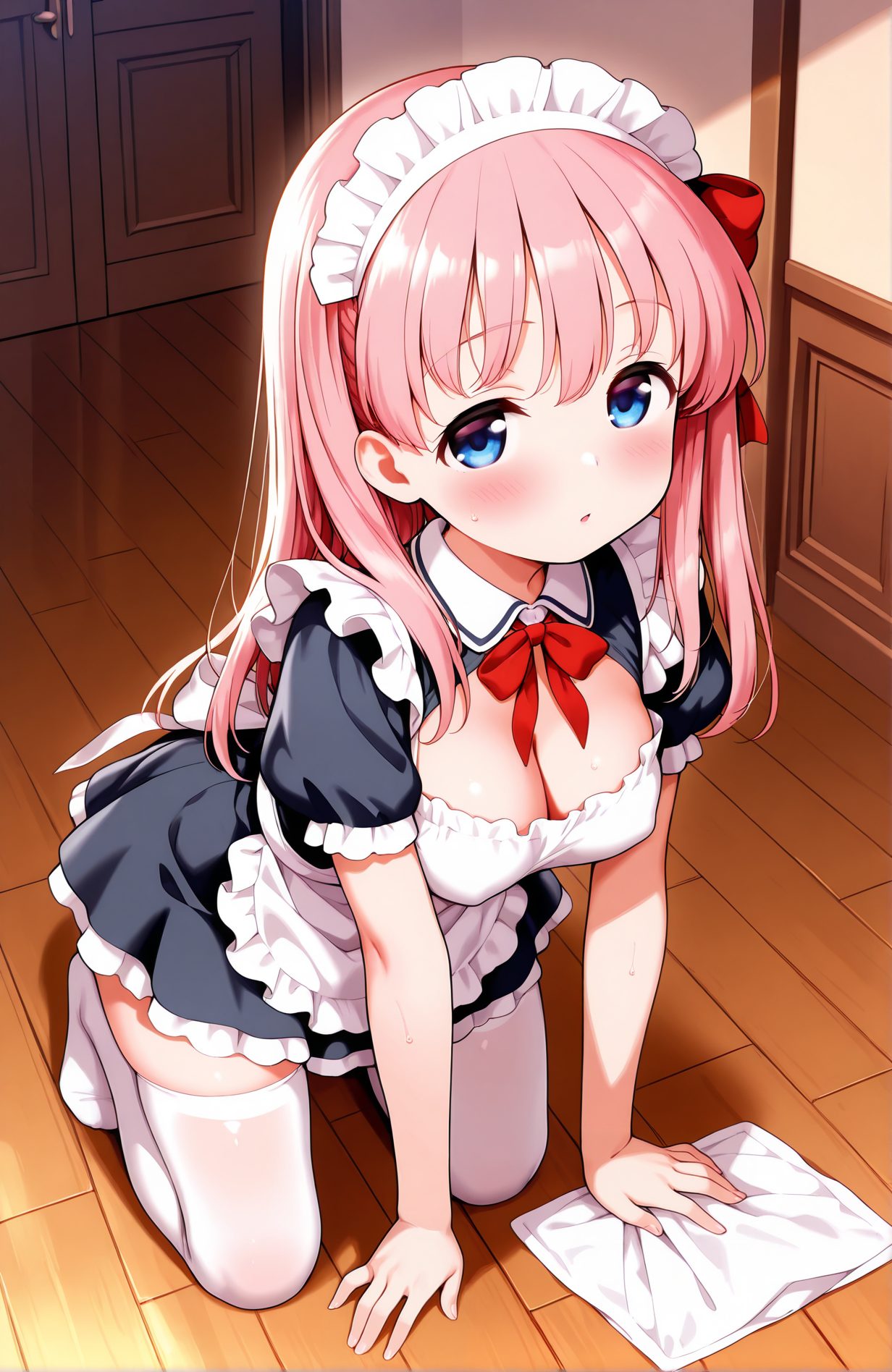 sensitive, 1girl, solo, long_hair, breasts, looking_at_viewer, blush, bangs, blue_eyes, thighhighs, dress, bow, ribbon, cleavage, medium_breasts, full_body, pink_hair, short_sleeves, hair_bow, sweat, frills, parted_lips, puffy_sleeves, indoors, :o, apron, black_dress, red_bow, white_thighhighs, red_ribbon, puffy_short_sleeves, zettai_ryouiki, maid, maid_headdress, kneeling, one_side_up, no_shoes, frilled_dress, all_fours, white_apron, maid_apron, frilled_apron, wooden_floor, on_floor, haramura_nodoka, 長い髪, 赤面, 前髪, 青い目, 太ももハイソックス, ボウ, リボン, 中くらいの胸, ピンク髪, 髪ボウ, 汗, 赤リボン, 片側アップ, 四つん這い, 原村和, 原村和_posted