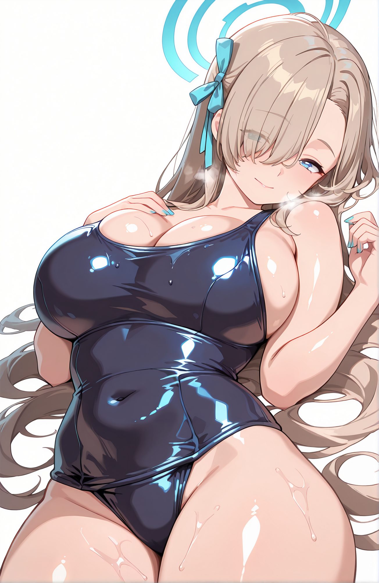 sensitive, 1girl, solo, long_hair, breasts, looking_at_viewer, blush, smile, bangs, blue_eyes, large_breasts, simple_background, white_background, ribbon, cleavage, bare_shoulders, very_long_hair, closed_mouth, collarbone, swimsuit, hair_ribbon, thighs, cowboy_shot, lying, alternate_costume, shiny, on_back, nail_polish, hair_over_one_eye, wet, one-piece_swimsuit, shiny_skin, covered_navel, skindentation, halo, school_swimsuit, light_brown_hair, eyes_visible_through_hair, blue_ribbon, hand_on_own_chest, blue_nails, shiny_clothes, blue_one-piece_swimsuit, asuna_(blue_archive), 長い髪, 赤面, 笑顔, 前髪, 青い目, 大きな胸, リボン, 肩出し, とても長い髪, 口閉じ, 鎖骨, 水着, 髪リボン, 横たわり, 光沢, 仰向け, ワンピース水着, 光沢肌, 学校水着, アスナ（ブルーアーカイブ）, 一之瀬アスナ_posted