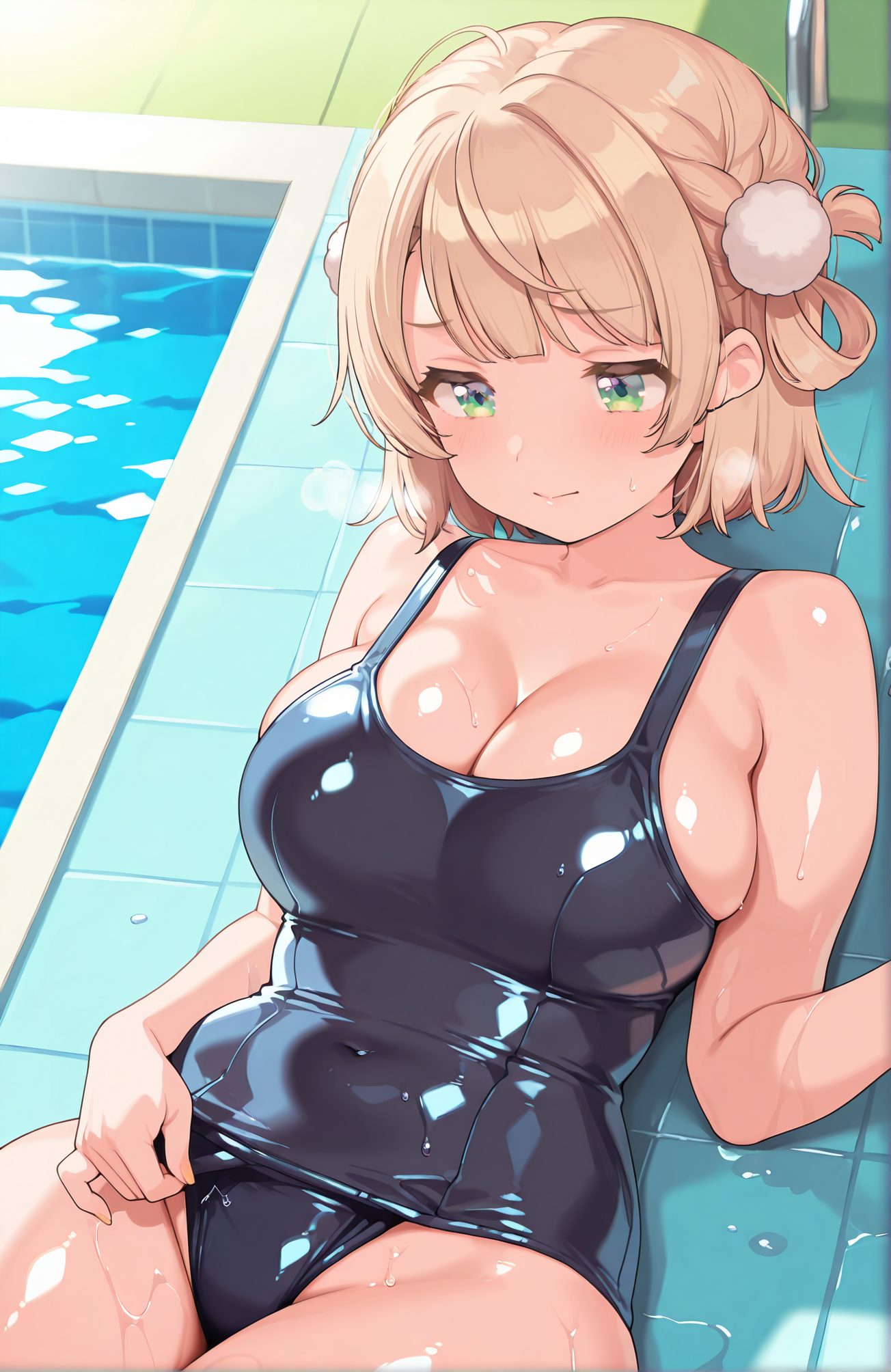 sensitive, 1girl, solo, breasts, blush, short_hair, bangs, blonde_hair, large_breasts, hair_ornament, cleavage, closed_mouth, green_eyes, swimsuit, braid, lying, virtual_youtuber, on_back, water, wet, one-piece_swimsuit, covered_navel, school_swimsuit, light_brown_hair, wet_clothes, pom_pom_(clothes), hair_rings, alternate_breast_size, shiny_clothes, blue_one-piece_swimsuit, black_one-piece_swimsuit, pool, poolside, old_school_swimsuit, undersized_clothes, pom_pom_hair_ornament, 赤面, 短い髪, 前髪, 金髪, 大きな胸, 髪飾り, 口閉じ, 緑の目, 水着, 横たわり, バーチャルYouTuber, 仰向け, ワンピース水着, 学校水着, 旧スクール水着, しぐれうい
