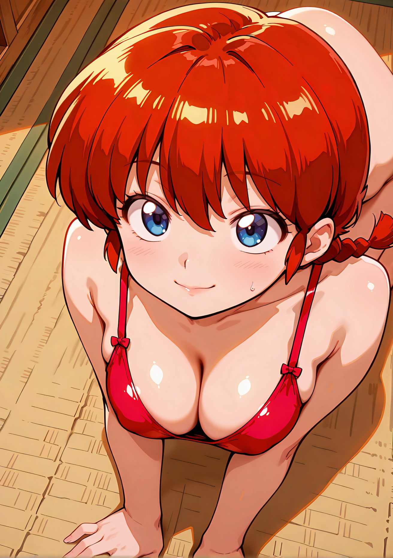 sensitive, 1girl, solo, breasts, looking_at_viewer, blush, smile, bangs, blue_eyes, cleavage, medium_breasts, closed_mouth, collarbone, swimsuit, braid, bikini, red_hair, shiny, indoors, shiny_skin, single_braid, all_fours, braided_ponytail, wooden_floor, ranma-chan, 赤面, 笑顔, 前髪, 青い目, 中くらいの胸, 口閉じ, 鎖骨, 水着, ビキニ, 赤髪, 光沢, 光沢肌, 四つん這い, らんまちゃん（女らんま）, らんま_posted
