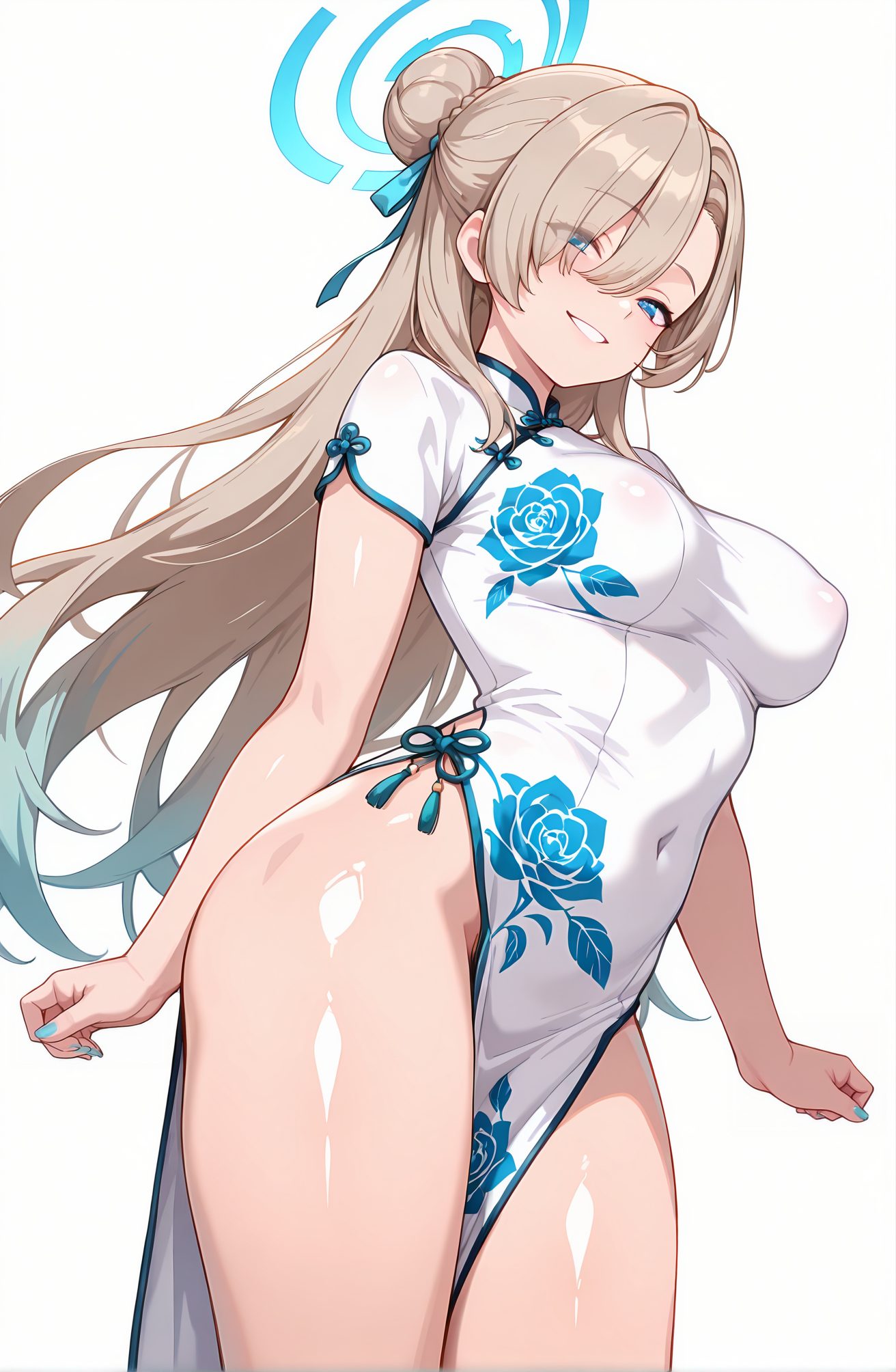 sensitive, 1girl, solo, long_hair, breasts, looking_at_viewer, blush, smile, bangs, blue_eyes, large_breasts, simple_background, white_background, dress, ribbon, hair_ribbon, short_sleeves, thighs, cowboy_shot, alternate_costume, hair_bun, nail_polish, white_dress, hair_over_one_eye, grin, covered_navel, no_panties, halo, chinese_clothes, floral_print, light_brown_hair, eyes_visible_through_hair, china_dress, pelvic_curtain, side_slit, blue_nails, asuna_(blue_archive), 長い髪, 赤面, 笑顔, 前髪, 青い目, 大きな胸, リボン, 髪リボン, 髪団子, ノーパン, アスナ（ブルーアーカイブ）, 一之瀬アスナ_posted