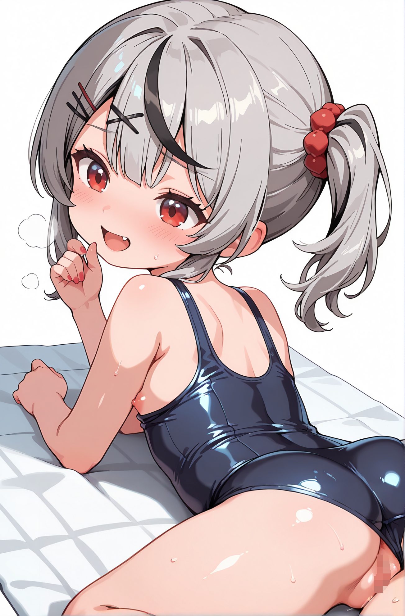 explicit, 1girl, solo, breasts, looking_at_viewer, blush, smile, open_mouth, bangs, simple_background, black_hair, hair_ornament, red_eyes, white_background, bare_shoulders, nipples, swimsuit, ass, :d, grey_hair, multicolored_hair, sweat, small_breasts, lying, censored, pussy, hairclip, fang, shiny, looking_back, virtual_youtuber, from_behind, nail_polish, side_ponytail, streaked_hair, one-piece_swimsuit, loli, scrunchie, school_swimsuit, aged_down, x_hair_ornament, on_stomach, red_nails, clothing_aside, hair_scrunchie, cleft_of_venus, red_scrunchie, swimsuit_aside, sakamata_chloe, 赤面, 笑顔, 口開き, 前髪, 黒髪, 髪飾り, 赤い目, 肩出し, 乳首, 水着, 灰髪, 多色髪, 汗, 小さな胸, 横たわり, ヘアクリップ, 光沢, バーチャルYouTuber, サイドポニーテール, ワンピース水着, ロリ, 学校水着, 衣服ずらし, ヘアシュシュ, 水着ずらし, 沙花叉クロヱ