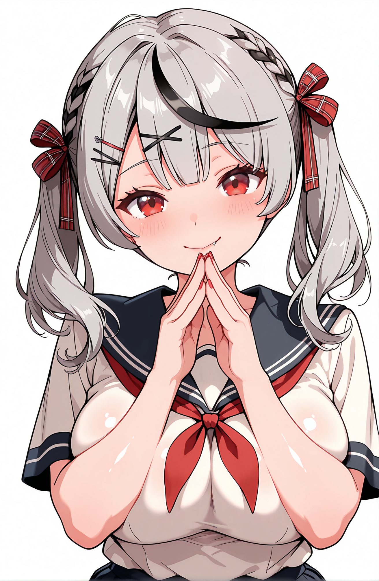 sensitive, 1girl, solo, breasts, looking_at_viewer, blush, smile, bangs, skirt, large_breasts, simple_background, shirt, black_hair, hair_ornament, red_eyes, white_background, bow, ribbon, twintails, closed_mouth, school_uniform, hair_ribbon, white_shirt, upper_body, braid, short_sleeves, grey_hair, multicolored_hair, serafuku, alternate_costume, hairclip, fang, virtual_youtuber, sailor_collar, nail_polish, streaked_hair, neckerchief, x_hair_ornament, red_nails, red_neckerchief, black_sailor_collar, sakamata_chloe, 赤面, 笑顔, 前髪, スカート, 大きな胸, シャツ, 黒髪, 髪飾り, 赤い目, ボウ, リボン, ツインテール, 口閉じ, 学校制服, 髪リボン, 白シャツ, 灰髪, 多色髪, セーラー服, ヘアクリップ, バーチャルYouTuber, 沙花叉クロヱ
