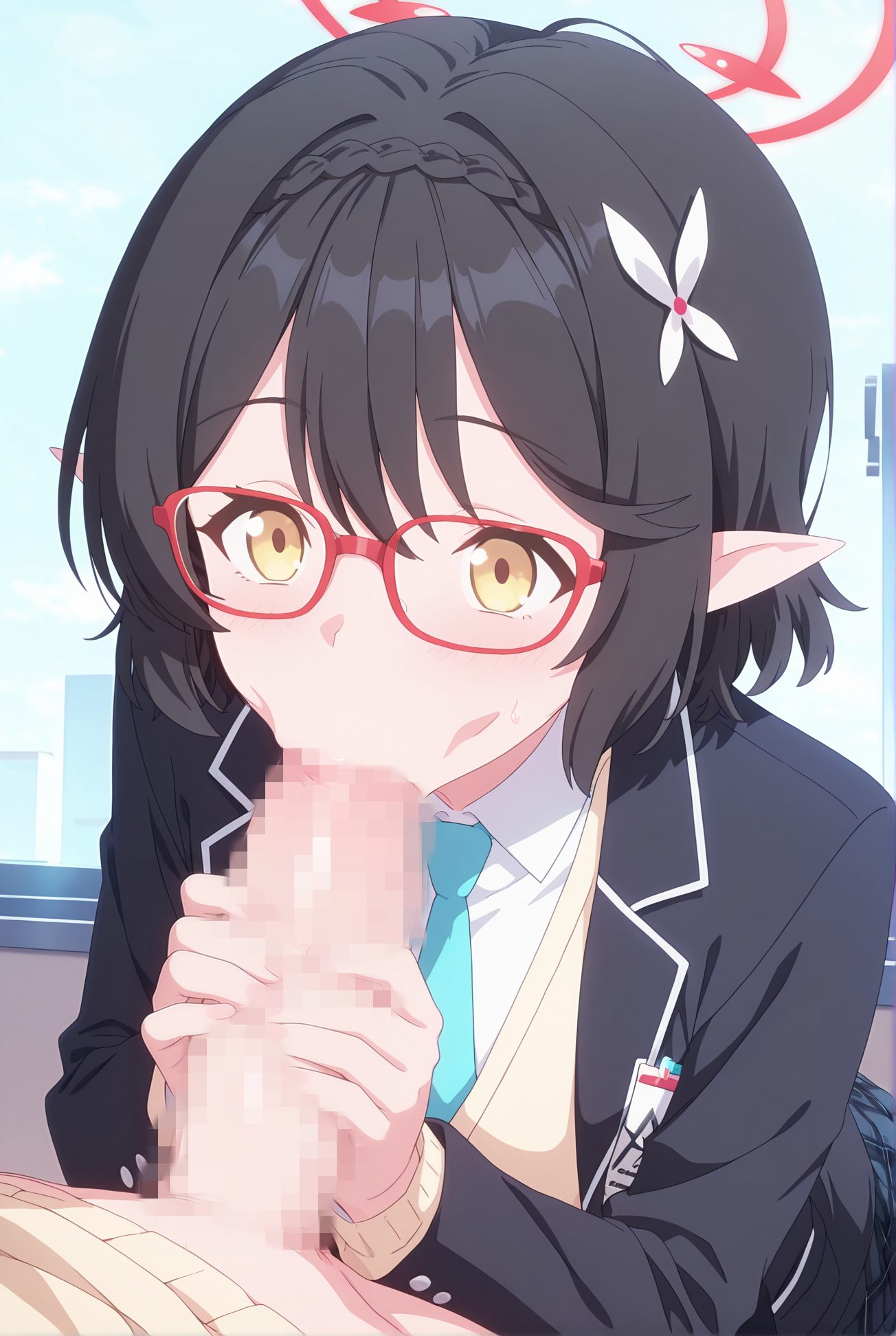 okusora ayane, explicit, 1girl, blush, short_hair, bangs, skirt, shirt, black_hair, hair_ornament, long_sleeves, 1boy, school_uniform, jacket, yellow_eyes, white_shirt, braid, flower, hetero, pleated_skirt, open_clothes, necktie, penis, glasses, solo_focus, pointy_ears, collared_shirt, hair_flower, black_jacket, uncensored, halo, erection, oral, blazer, fellatio, handjob, clothed_female_nude_male, red-framed_eyewear, veins, blue_necktie, veiny_penis, :>=, 赤面, 短い髪, 前髪, スカート, シャツ, 黒髪, 髪飾り, 学校制服, 白シャツ, 衣服開く, 髪の花, 無修正, オーラル, フェラチオ, 手コキ, 奥空アヤネ_posted, Posted” class=”wp-image-10503″/>
</figure>
<hr class=