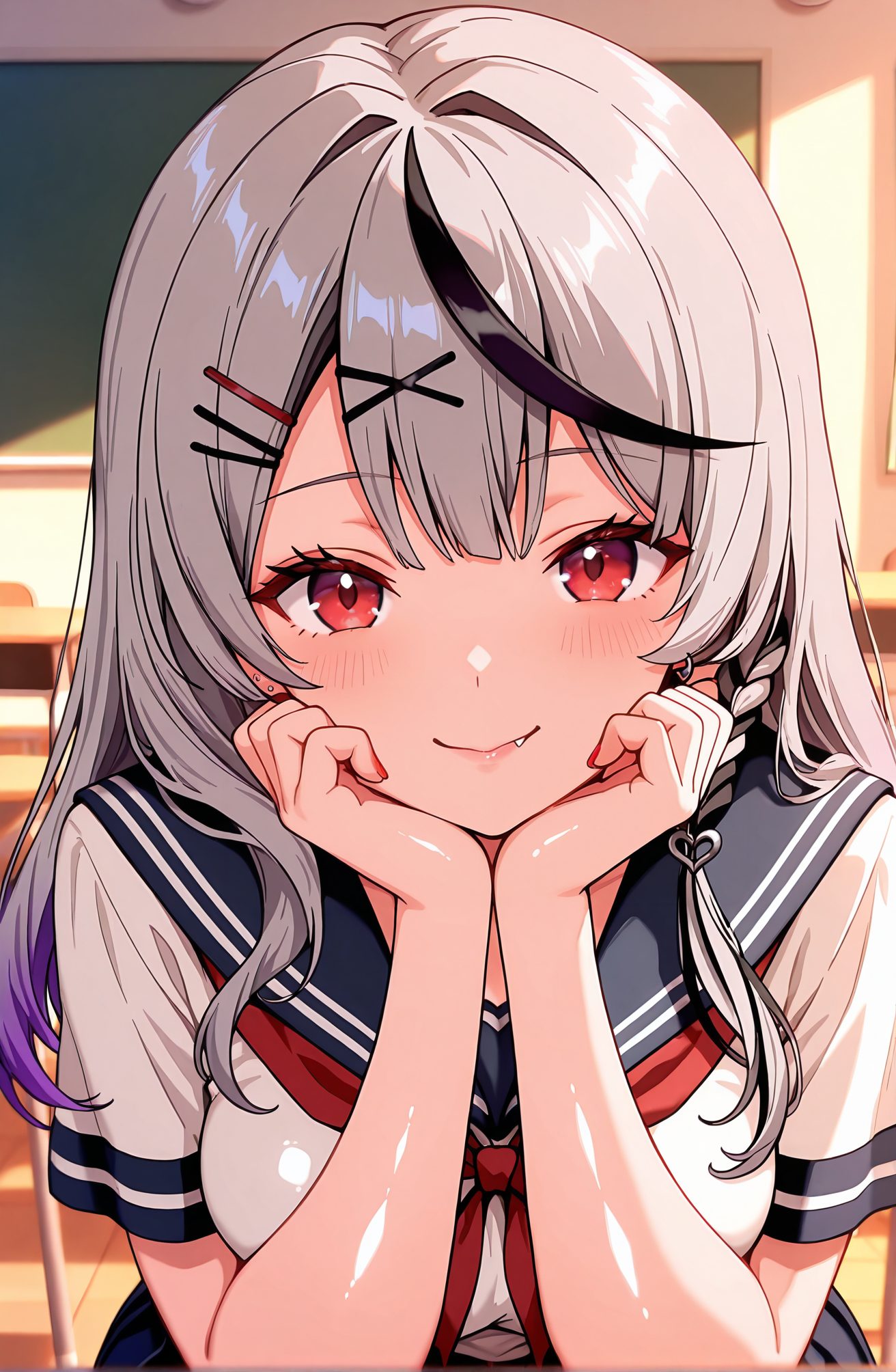 general, sensitive, 1girl, solo, long_hair, breasts, looking_at_viewer, blush, smile, bangs, shirt, black_hair, hair_ornament, red_eyes, closed_mouth, school_uniform, white_shirt, upper_body, braid, short_sleeves, grey_hair, heart, multicolored_hair, serafuku, alternate_costume, hairclip, fang, shiny, indoors, virtual_youtuber, sailor_collar, nail_polish, streaked_hair, neckerchief, x_hair_ornament, blue_sailor_collar, red_nails, red_neckerchief, skin_fang, desk, head_rest, classroom, hands_on_own_face, fang_out, sakamata_chloe, 長い髪, 赤面, 笑顔, 前髪, シャツ, 黒髪, 髪飾り, 赤い目, 口閉じ, 学校制服, 白シャツ, 灰髪, 多色髪, セーラー服, ヘアクリップ, 光沢, バーチャルYouTuber, 沙花叉クロヱ, 沙花叉クロヱ_posted