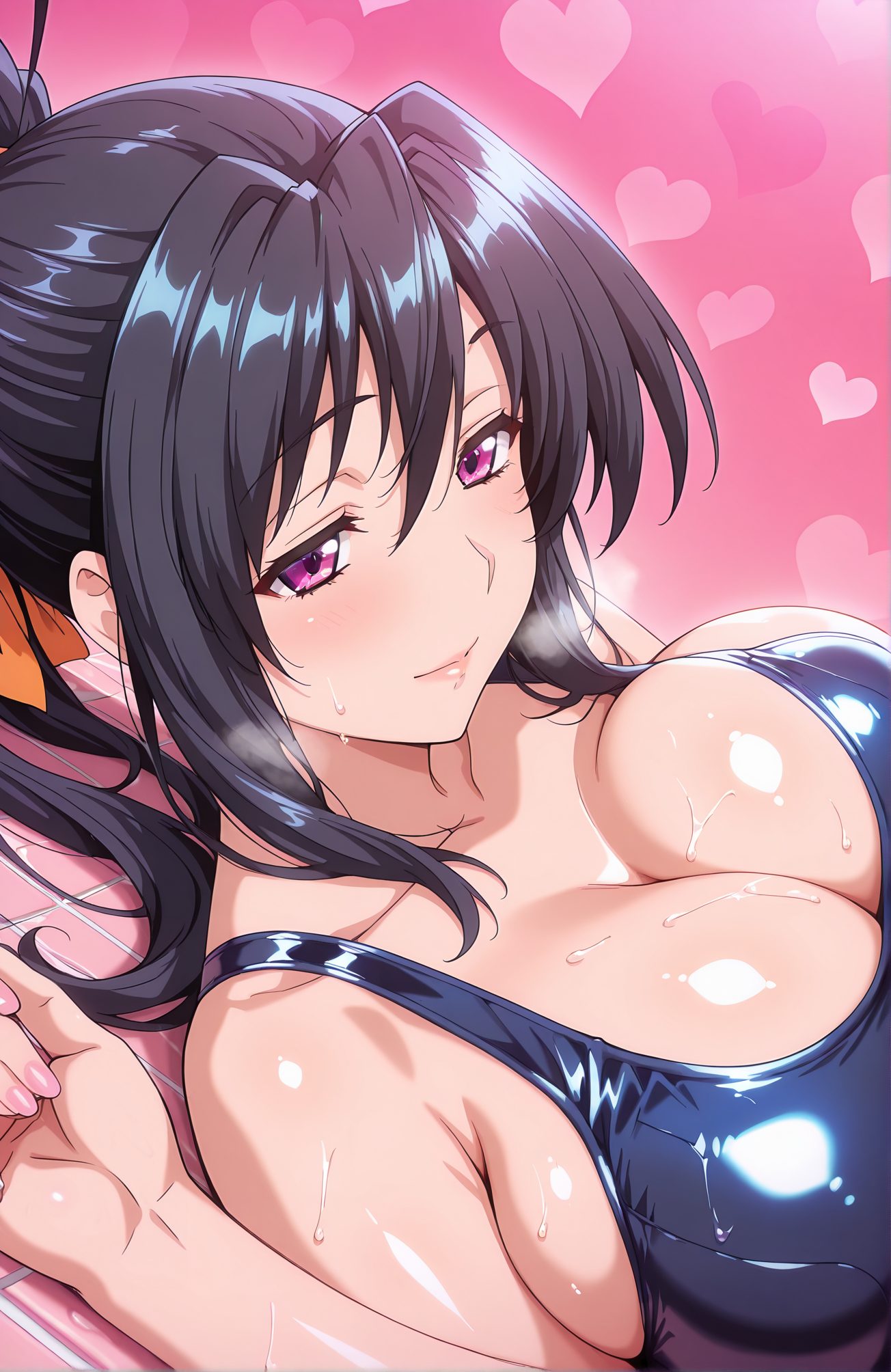 sensitive, 1girl, solo, long_hair, breasts, blush, smile, bangs, large_breasts, black_hair, ribbon, cleavage, hair_between_eyes, bare_shoulders, closed_mouth, purple_eyes, collarbone, swimsuit, hair_ribbon, upper_body, ponytail, heart, sidelocks, sweat, lying, shiny, pink_eyes, lips, wet, one-piece_swimsuit, shiny_skin, skindentation, school_swimsuit, pink_nails, shiny_clothes, blue_one-piece_swimsuit, orange_ribbon, himejima_akeno, 長い髪, 赤面, 笑顔, 前髪, 大きな胸, 黒髪, リボン, 目にかかる髪, 肩出し, 口閉じ, 鎖骨, 水着, 髪リボン, ポニーテール, サイドロック, 汗, 横たわり, 光沢, ワンピース水着, 光沢肌, 学校水着, 姫島朱乃