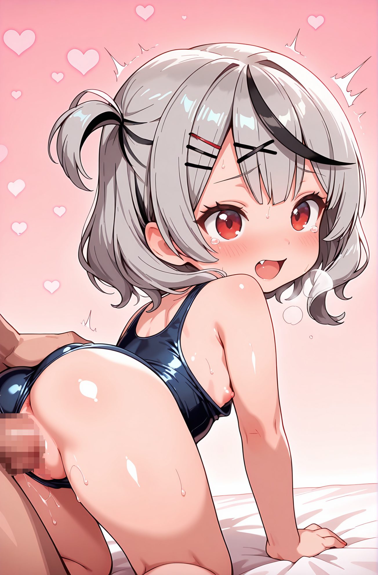 explicit, 1girl, breasts, blush, short_hair, open_mouth, bangs, black_hair, hair_ornament, red_eyes, 1boy, nipples, swimsuit, ass, hetero, grey_hair, heart, multicolored_hair, sweat, small_breasts, penis, pussy, solo_focus, hairclip, fang, shiny, looking_back, virtual_youtuber, tears, sex, from_behind, vaginal, flat_chest, streaked_hair, one-piece_swimsuit, loli, uncensored, anus, pink_background, school_swimsuit, aged_down, x_hair_ornament, sex_from_behind, all_fours, clothing_aside, tearing_up, doggystyle, ass_grab, swimsuit_aside, puckered_anus, sakamata_chloe, 赤面, 短い髪, 口開き, 前髪, 黒髪, 髪飾り, 赤い目, 乳首, 水着, 灰髪, 多色髪, 汗, 小さな胸, ヘアクリップ, 光沢, バーチャルYouTuber, 涙, セックス, 膣内, 平らな胸, ワンピース水着, ロリ, 無修正, 学校水着, 後背位, 四つん這い, 衣服ずらし, バック, 水着ずらし, 沙花叉クロヱ