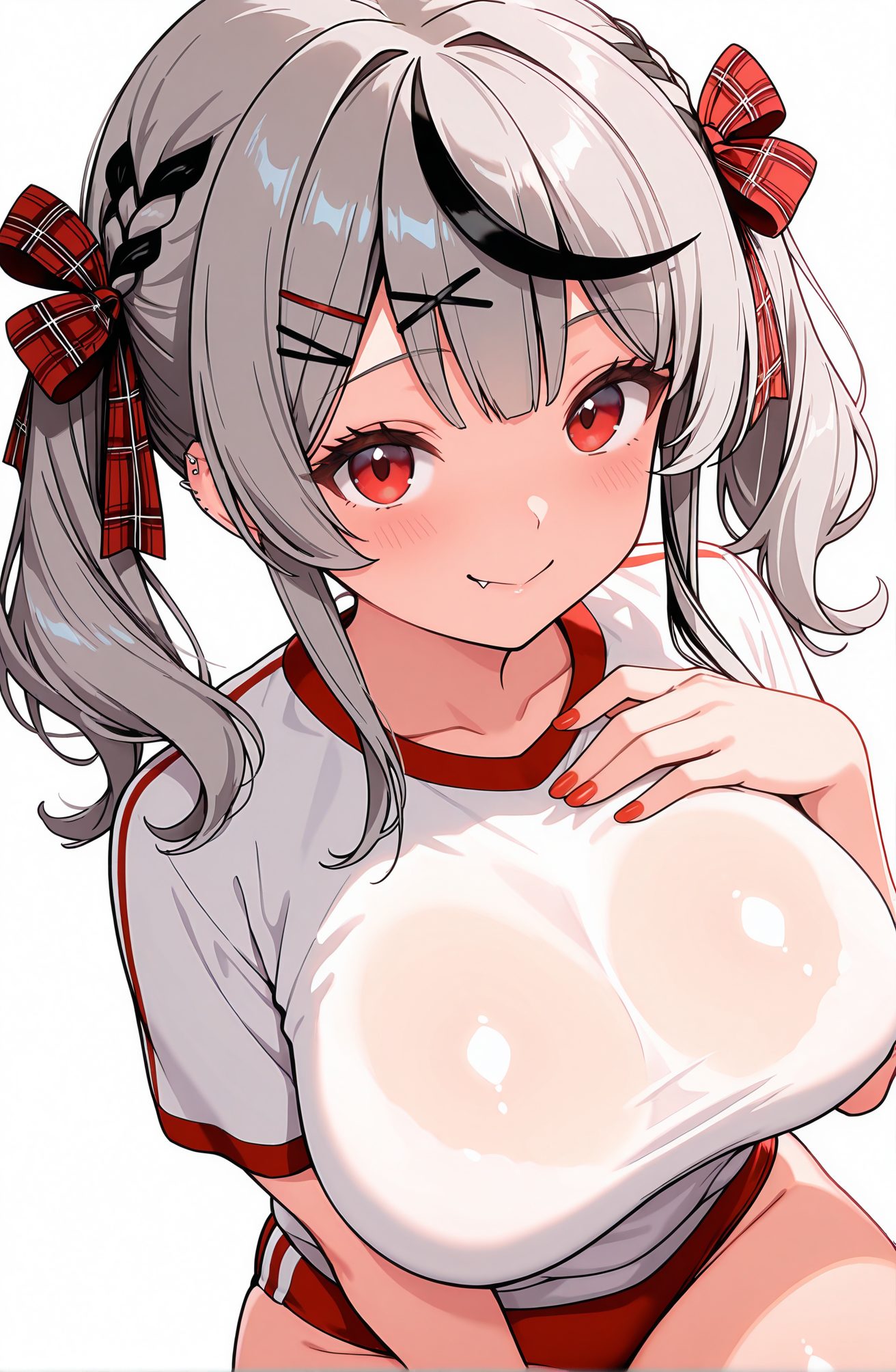 sensitive, 1girl, solo, breasts, looking_at_viewer, blush, smile, bangs, large_breasts, simple_background, shirt, black_hair, hair_ornament, red_eyes, white_background, bow, ribbon, twintails, closed_mouth, underwear, collarbone, hair_ribbon, white_shirt, braid, short_sleeves, hair_bow, grey_hair, multicolored_hair, hairclip, fang, virtual_youtuber, nail_polish, bra, streaked_hair, wet, see-through, plaid, piercing, x_hair_ornament, hand_on_own_chest, ear_piercing, wet_clothes, red_nails, gym_uniform, buruma, fang_out, gym_shirt, plaid_bow, red_buruma, sakamata_chloe, 赤面, 笑顔, 前髪, 大きな胸, シャツ, 黒髪, 髪飾り, 赤い目, ボウ, リボン, ツインテール, 口閉じ, 下着, 鎖骨, 髪リボン, 白シャツ, 髪ボウ, 灰髪, 多色髪, ヘアクリップ, バーチャルYouTuber, ブラ, 体操服, ブルマ, 体操着（シャツ）, 沙花叉クロヱ, 沙花叉クロヱ_posted