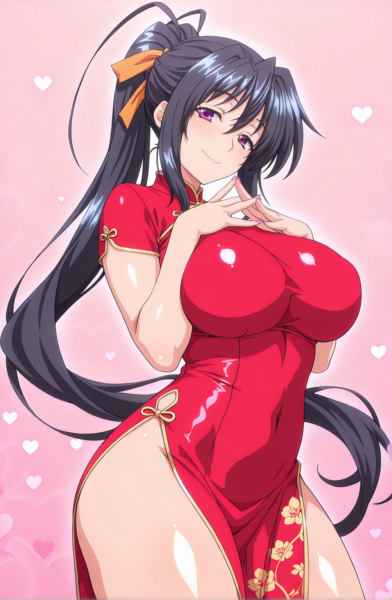 sensitive, 1girl, solo, long_hair, breasts, looking_at_viewer, blush, smile, bangs, large_breasts, black_hair, dress, ribbon, hair_between_eyes, very_long_hair, closed_mouth, purple_eyes, hair_ribbon, ponytail, short_sleeves, heart, sidelocks, thighs, cowboy_shot, shiny, shiny_skin, covered_navel, chinese_clothes, red_dress, pink_background, china_dress, pelvic_curtain, side_slit, heart_background, himejima_akeno, 長い髪, 赤面, 笑顔, 前髪, 大きな胸, 黒髪, リボン, 目にかかる髪, とても長い髪, 口閉じ, 髪リボン, ポニーテール, サイドロック, 光沢, 光沢肌, 姫島朱乃