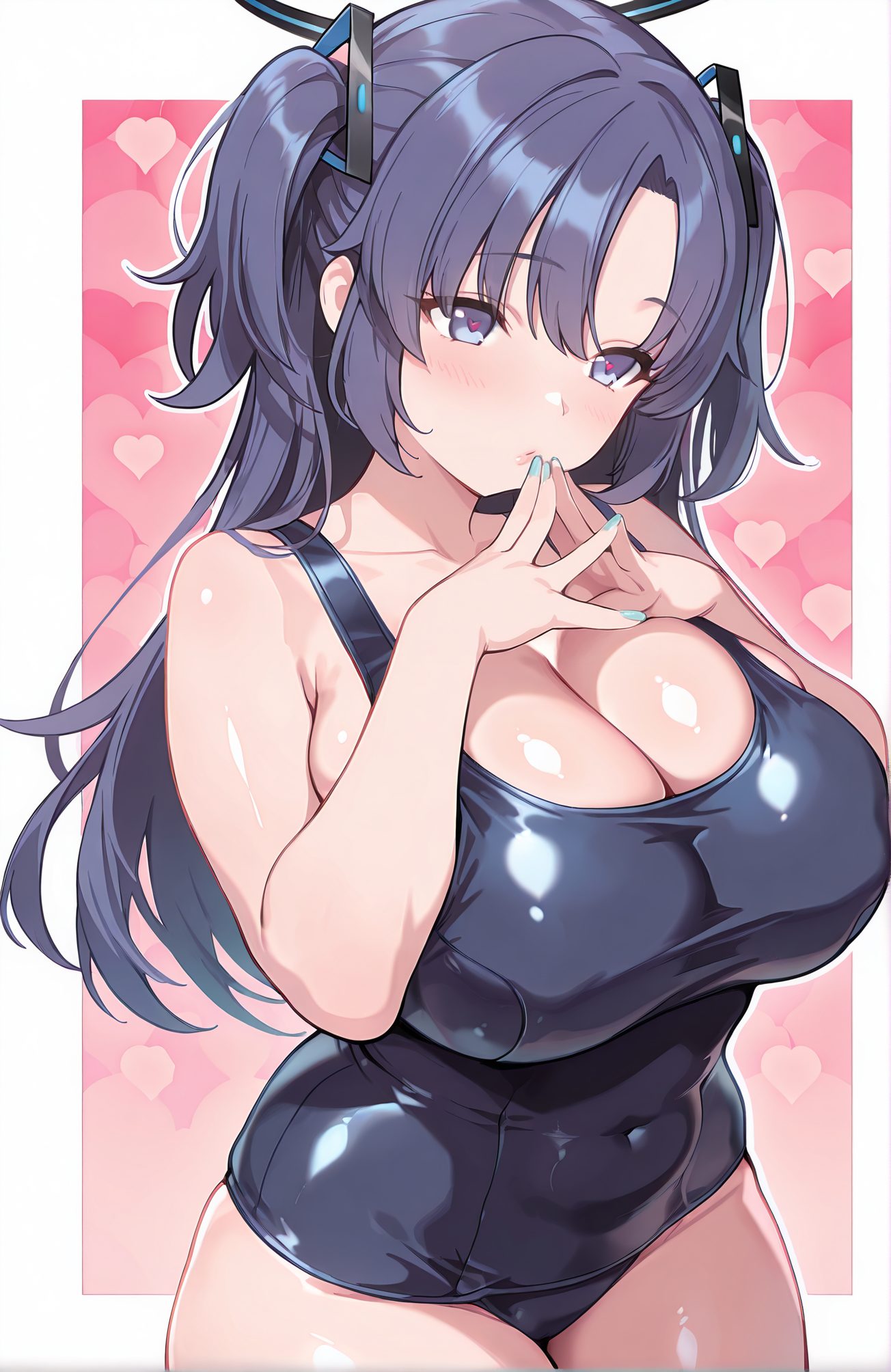 sensitive, 1girl, solo, long_hair, breasts, looking_at_viewer, blush, bangs, blue_eyes, large_breasts, cleavage, bare_shoulders, closed_mouth, blue_hair, purple_eyes, collarbone, swimsuit, purple_hair, heart, thighs, cowboy_shot, shiny, nail_polish, huge_breasts, covered_nipples, two_side_up, one-piece_swimsuit, shiny_skin, parted_bangs, symbol-shaped_pupils, covered_navel, skindentation, halo, heart-shaped_pupils, pink_background, school_swimsuit, own_hands_together, blue_nails, shiny_clothes, blue_one-piece_swimsuit, black_one-piece_swimsuit, old_school_swimsuit, heart_background, yuuka_(blue_archive), 長い髪, 赤面, 前髪, 青い目, 大きな胸, 肩出し, 口閉じ, 青髪, 鎖骨, 水着, 紫髪, 光沢, 巨大な胸, 両側アップ, ワンピース水着, 光沢肌, ハート目, 学校水着, 旧スクール水着, ユウカ（ブルーアーカイブ）