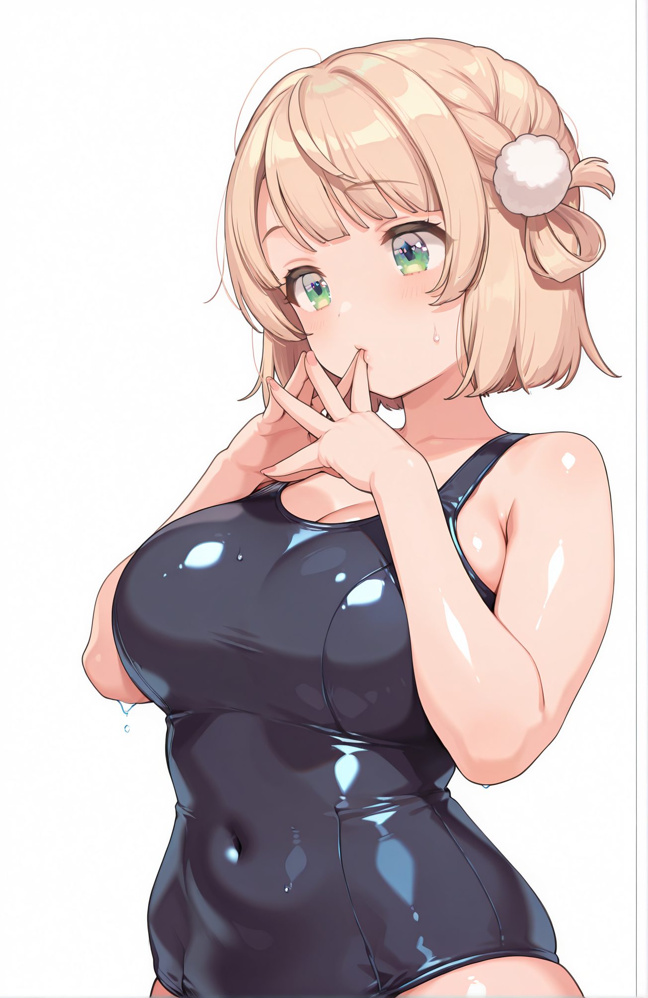 sensitive, 1girl, solo, breasts, blush, short_hair, bangs, blonde_hair, large_breasts, simple_background, hair_ornament, white_background, cleavage, green_eyes, swimsuit, braid, virtual_youtuber, wet, one-piece_swimsuit, covered_navel, school_swimsuit, light_brown_hair, pom_pom_(clothes), hair_rings, shiny_clothes, black_one-piece_swimsuit, old_school_swimsuit, pom_pom_hair_ornament, 赤面, 短い髪, 前髪, 金髪, 大きな胸, 髪飾り, 緑の目, 水着, バーチャルYouTuber, ワンピース水着, 学校水着, 旧スクール水着, しぐれうい