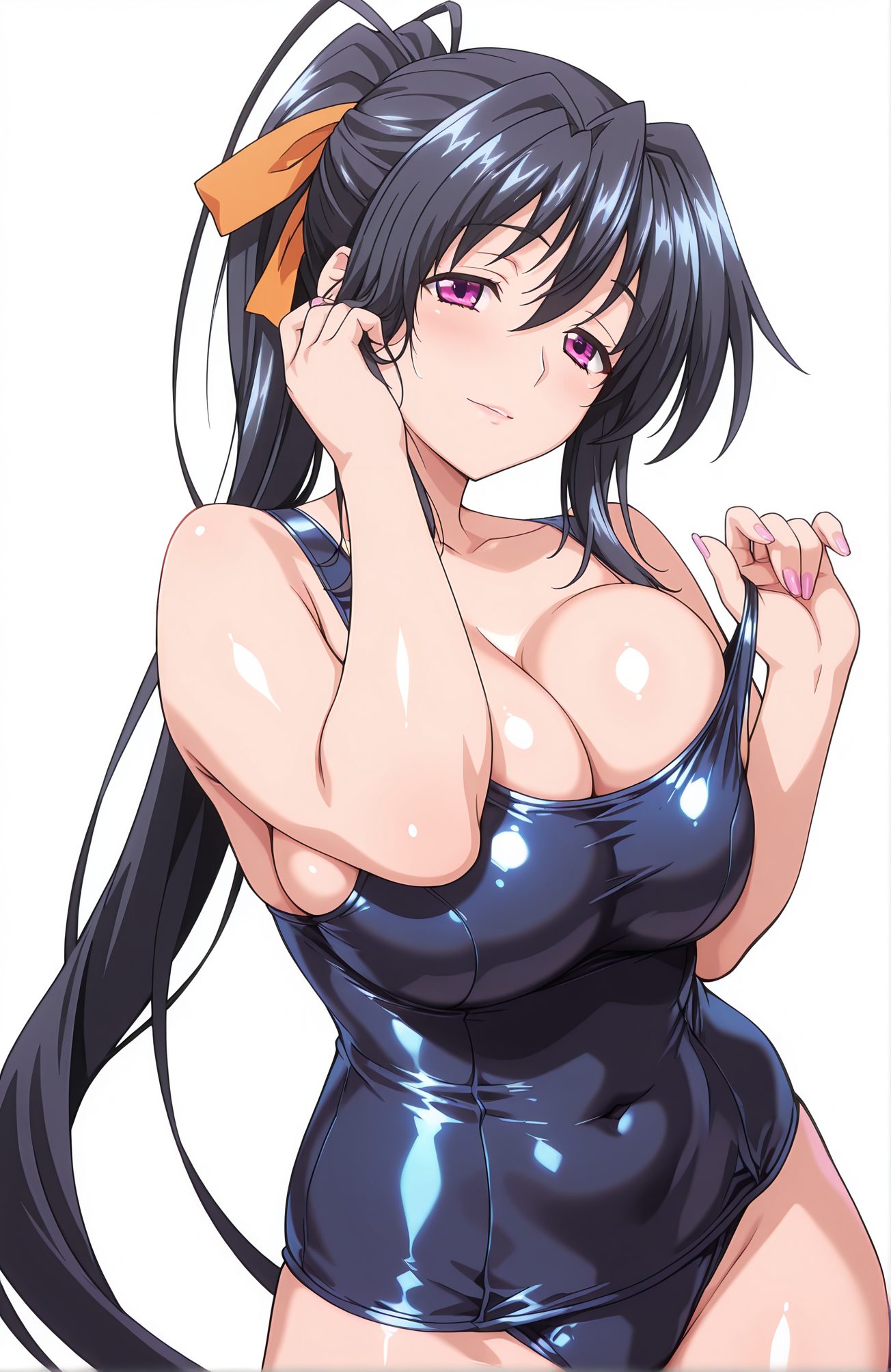 sensitive, 1girl, solo, long_hair, breasts, looking_at_viewer, blush, smile, bangs, large_breasts, simple_background, black_hair, white_background, ribbon, cleavage, hair_between_eyes, bare_shoulders, very_long_hair, closed_mouth, purple_eyes, collarbone, swimsuit, hair_ribbon, ponytail, cowboy_shot, shiny, one-piece_swimsuit, shiny_skin, covered_navel, skindentation, school_swimsuit, pink_nails, shiny_clothes, blue_one-piece_swimsuit, strap_pull, orange_ribbon, himejima_akeno, 長い髪, 赤面, 笑顔, 前髪, 大きな胸, 黒髪, リボン, 目にかかる髪, 肩出し, とても長い髪, 口閉じ, 鎖骨, 水着, 髪リボン, ポニーテール, 光沢, ワンピース水着, 光沢肌, 学校水着, 姫島朱乃