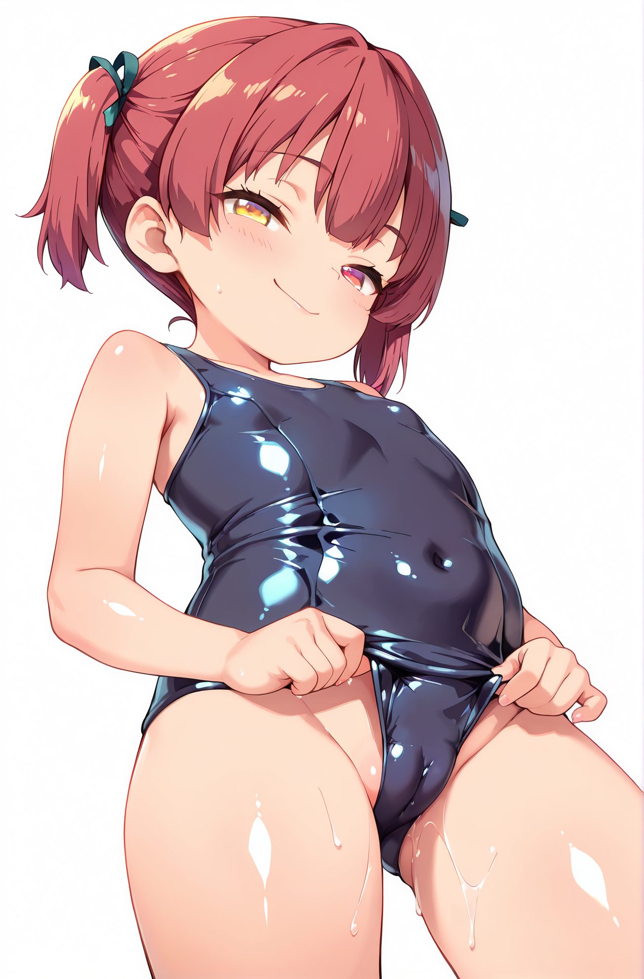 questionable, 1girl, solo, breasts, looking_at_viewer, blush, smile, short_hair, bangs, simple_background, red_eyes, white_background, ribbon, bare_shoulders, twintails, closed_mouth, swimsuit, hair_ribbon, yellow_eyes, red_hair, small_breasts, shiny, virtual_youtuber, wet, one-piece_swimsuit, loli, covered_navel, cameltoe, heterochromia, from_below, school_swimsuit, short_twintails, shiny_clothes, blue_one-piece_swimsuit, houshou_marine, 赤面, 笑顔, 短い髪, 前髪, 赤い目, リボン, 肩出し, ツインテール, 口閉じ, 水着, 髪リボン, 赤髪, 小さな胸, 光沢, バーチャルYouTuber, ワンピース水着, ロリ, 学校水着, ショートツインテール, 宝鐘マリン