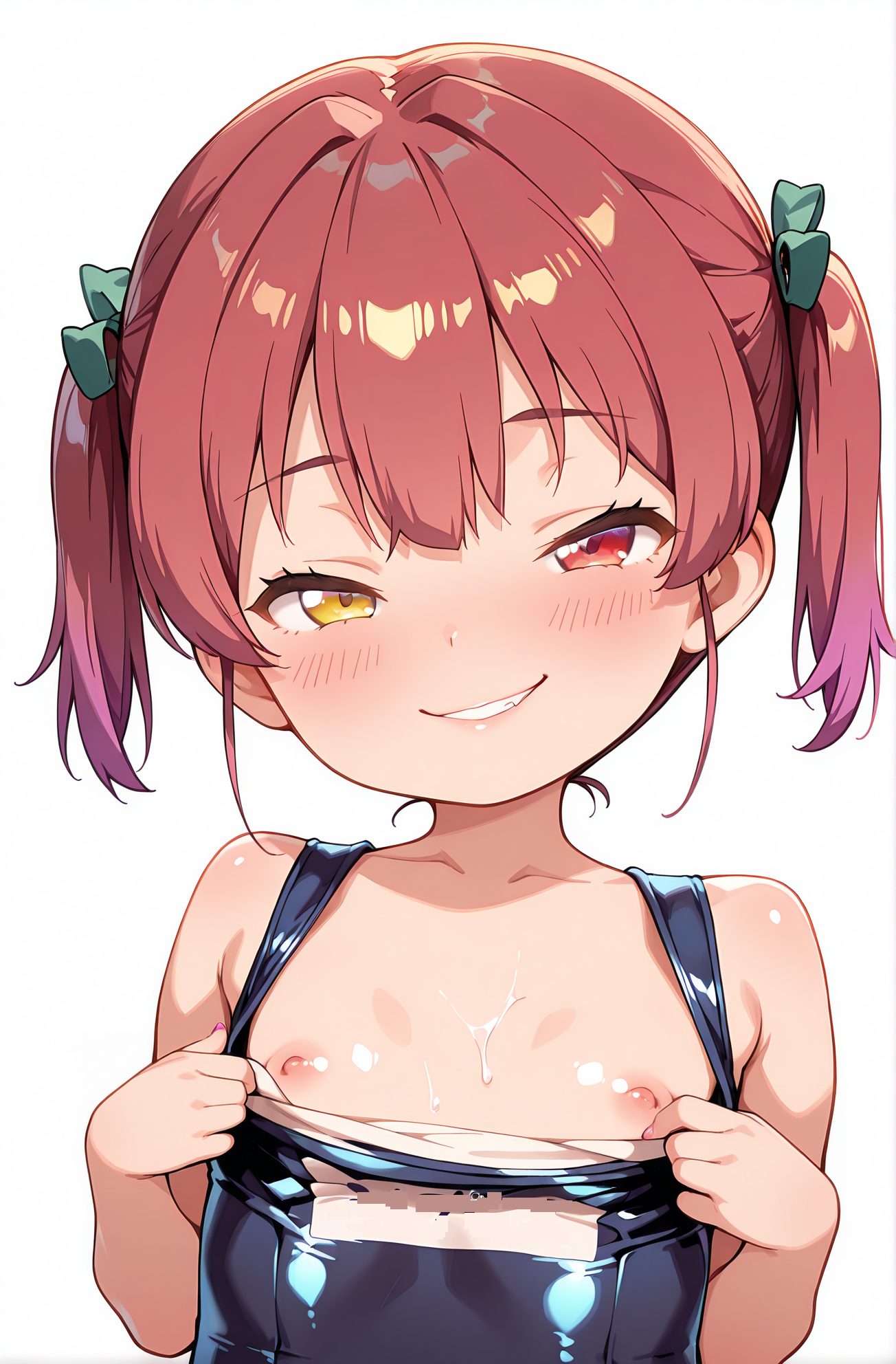 questionable, 1girl, solo, looking_at_viewer, blush, smile, short_hair, bangs, simple_background, red_eyes, white_background, bow, ribbon, bare_shoulders, twintails, nipples, collarbone, swimsuit, yellow_eyes, upper_body, hair_bow, red_hair, virtual_youtuber, grin, flat_chest, one-piece_swimsuit, loli, heterochromia, clothes_pull, school_swimsuit, aged_down, green_bow, naughty_face, blue_one-piece_swimsuit, name_tag, one-piece_swimsuit_pull, houshou_marine, 赤面, 笑顔, 短い髪, 前髪, 赤い目, ボウ, リボン, 肩出し, ツインテール, 乳首, 鎖骨, 水着, 髪ボウ, 赤髪, バーチャルYouTuber, 平らな胸, ワンピース水着, ロリ, 学校水着, 宝鐘マリン