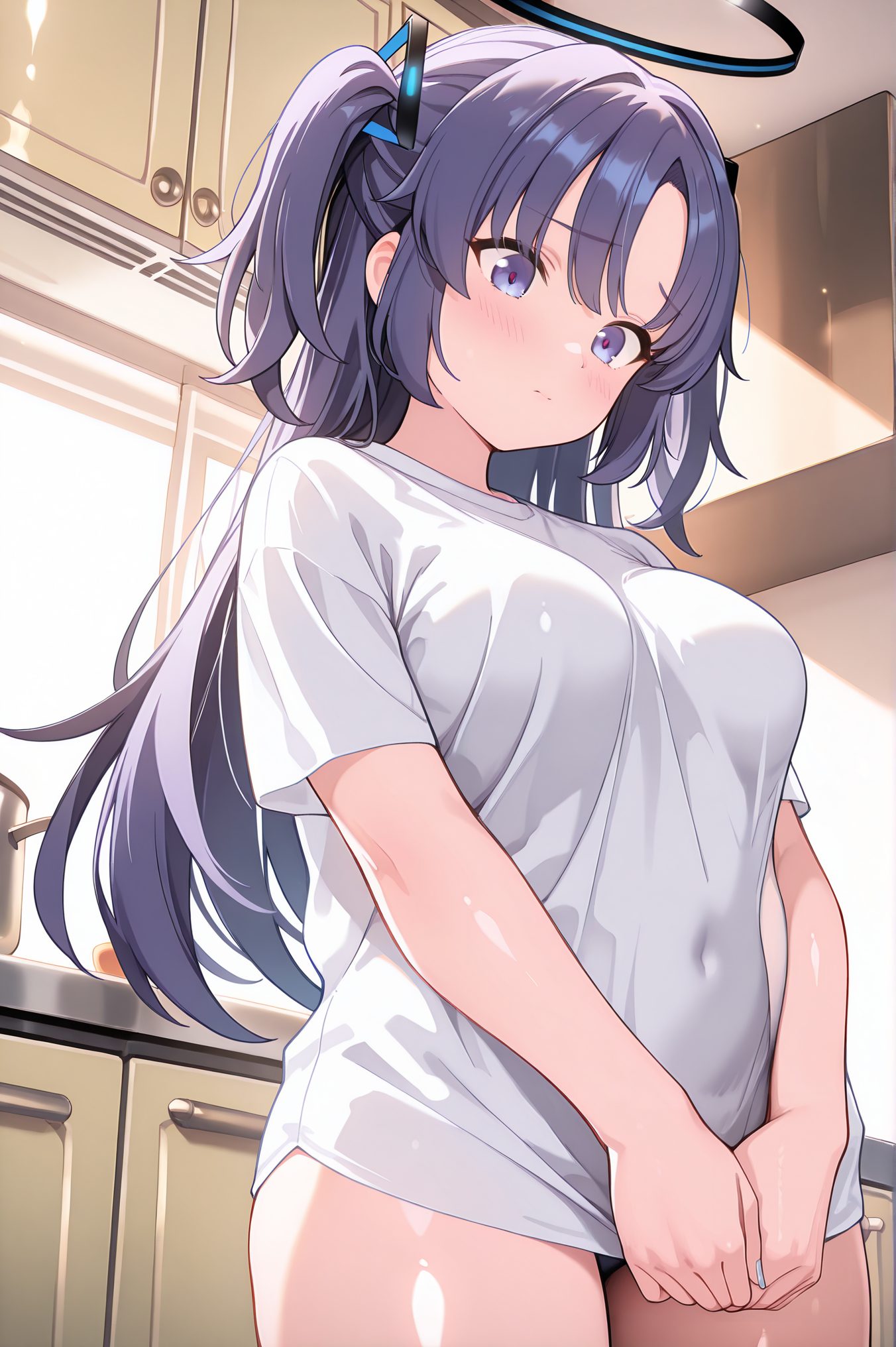 sensitive, 1girl, solo, long_hair, breasts, blush, bangs, blue_eyes, large_breasts, shirt, medium_breasts, closed_mouth, purple_eyes, white_shirt, purple_hair, short_sleeves, thighs, cowboy_shot, indoors, two_side_up, parted_bangs, covered_navel, halo, t-shirt, naked_shirt, shirt_tug, yuuka_(blue_archive), 長い髪, 赤面, 前髪, 青い目, 大きな胸, シャツ, 中くらいの胸, 口閉じ, 白シャツ, 紫髪, 両側アップ, ユウカ（ブルーアーカイブ）, ユウカ（ブルーアーカイブ）_posted