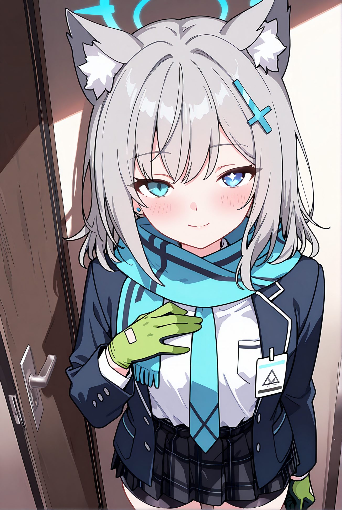 制服姿の砂狼シロコが微笑むAIイラスト