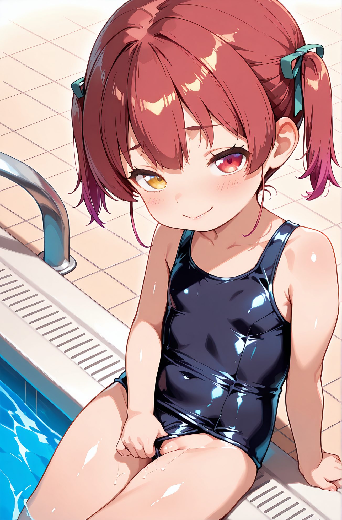 questionable, 1girl, solo, breasts, looking_at_viewer, blush, smile, bangs, red_eyes, ribbon, bare_shoulders, twintails, sitting, closed_mouth, swimsuit, hair_ribbon, yellow_eyes, red_hair, small_breasts, shiny, virtual_youtuber, water, wet, one-piece_swimsuit, loli, covered_navel, heterochromia, school_swimsuit, aged_down, clothing_aside, shiny_clothes, blue_one-piece_swimsuit, tiles, pool, poolside, swimsuit_aside, houshou_marine, 赤面, 笑顔, 前髪, 赤い目, リボン, 肩出し, ツインテール, 座り, 口閉じ, 水着, 髪リボン, 赤髪, 小さな胸, 光沢, バーチャルYouTuber, ワンピース水着, ロリ, 学校水着, 衣服ずらし, 水着ずらし, 宝鐘マリン