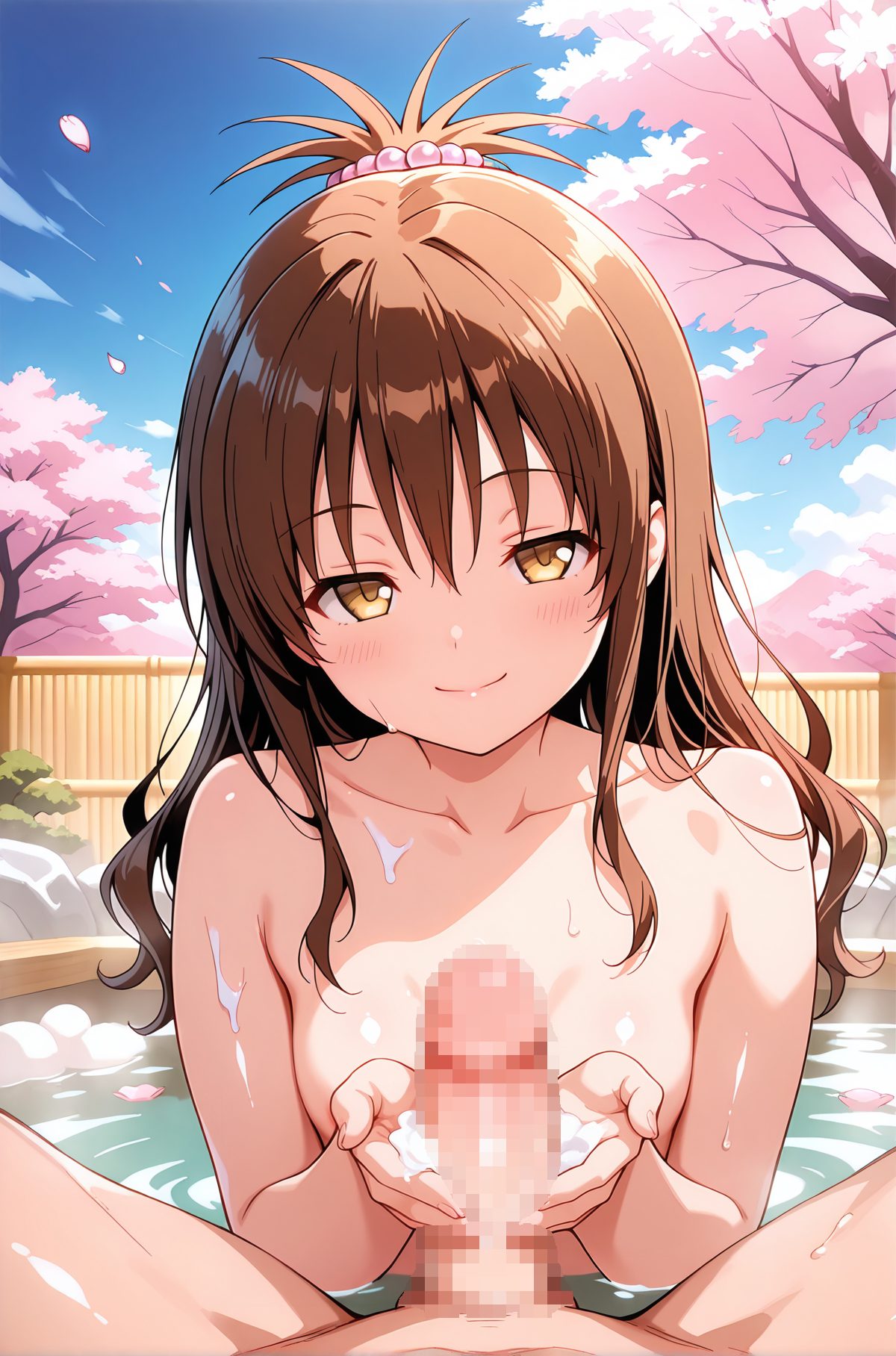 explicit, 1girl, long_hair, breasts, looking_at_viewer, blush, smile, bangs, brown_hair, hair_ornament, 1boy, hair_between_eyes, brown_eyes, closed_mouth, collarbone, yellow_eyes, hetero, nude, small_breasts, outdoors, sky, penis, solo_focus, day, water, tree, blue_sky, wet, petals, completely_nude, uncensored, pov, erection, cherry_blossoms, handjob, partially_submerged, onsen, mixed_bathing, yuuki_mikan, 長い髪, 赤面, 笑顔, 前髪, 茶髪, 髪飾り, 目にかかる髪, 口閉じ, 鎖骨, 裸, 小さな胸, 完全裸, 無修正, 手コキ, 混浴, 結城美柑