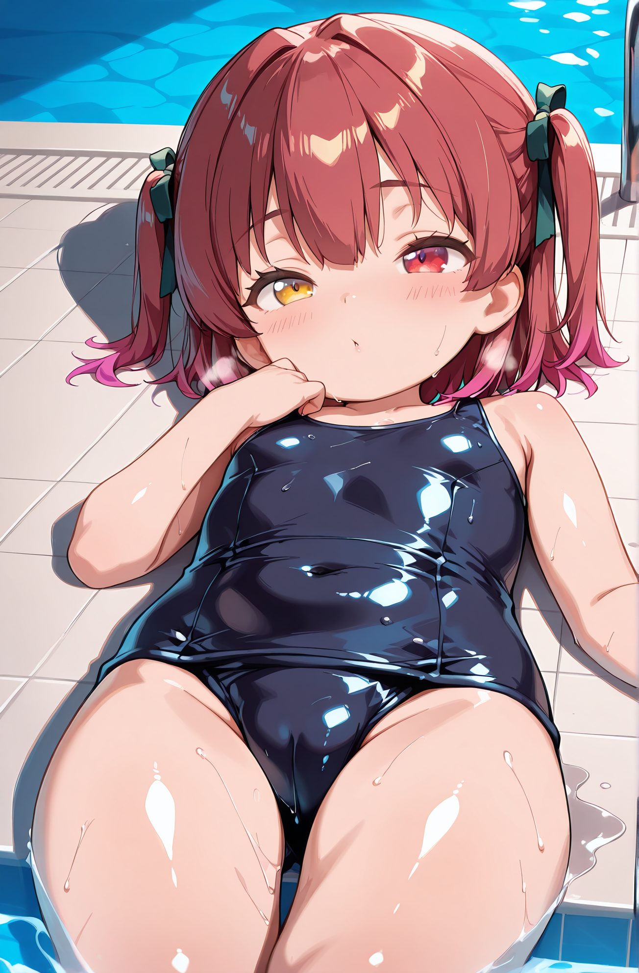questionable, 1girl, solo, breasts, looking_at_viewer, blush, short_hair, bangs, red_eyes, ribbon, twintails, swimsuit, hair_ribbon, yellow_eyes, thighs, red_hair, small_breasts, lying, shiny, virtual_youtuber, on_back, medium_hair, water, two_side_up, wet, one-piece_swimsuit, loli, covered_navel, cameltoe, heterochromia, school_swimsuit, aged_down, shiny_clothes, blue_one-piece_swimsuit, pool, poolside, houshou_marine, 赤面, 短い髪, 前髪, 赤い目, リボン, ツインテール, 水着, 髪リボン, 赤髪, 小さな胸, 横たわり, 光沢, バーチャルYouTuber, 仰向け, 両側アップ, ワンピース水着, ロリ, 学校水着, 宝鐘マリン