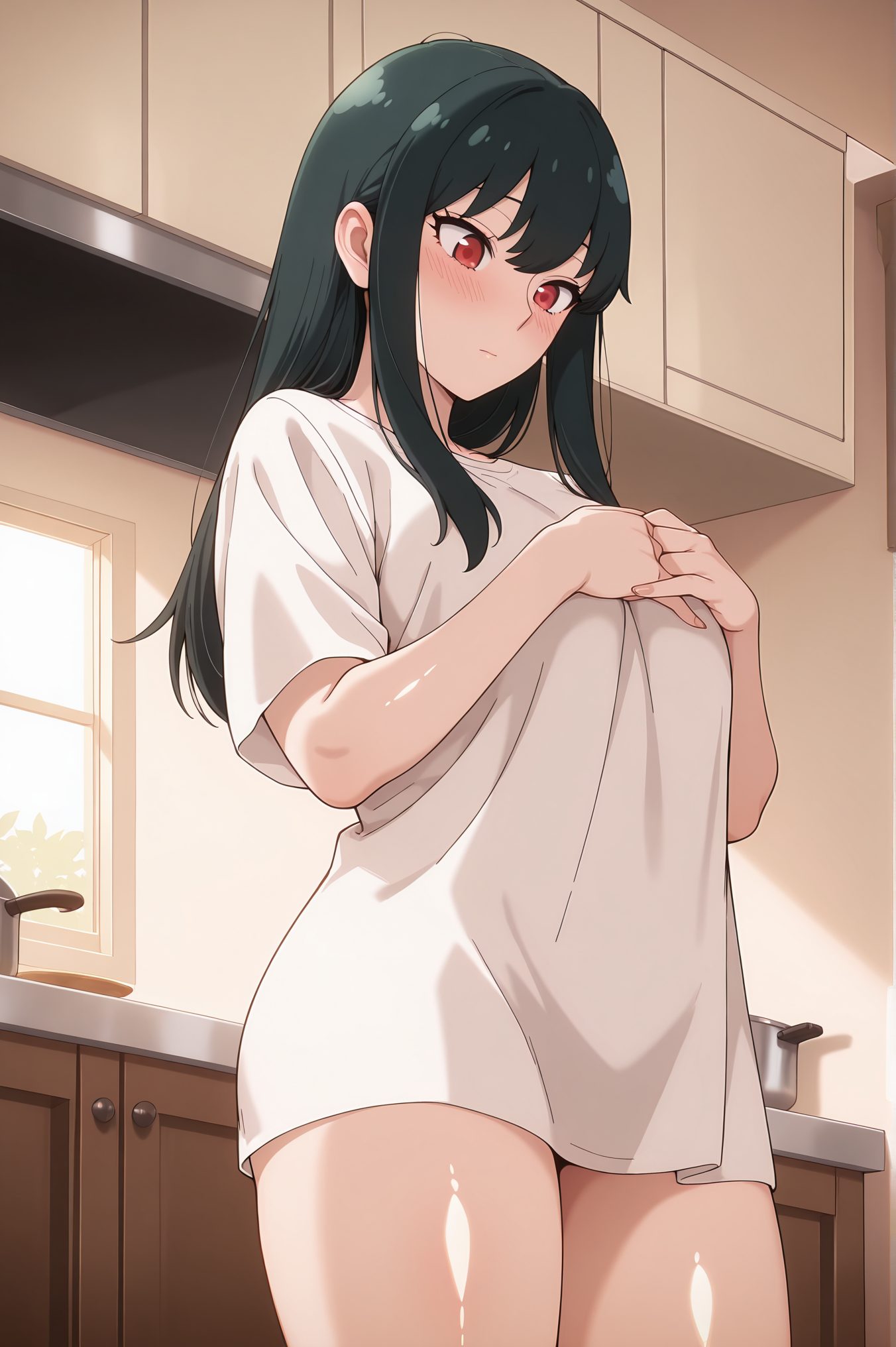 sensitive, 1girl, solo, long_hair, breasts, blush, bangs, large_breasts, shirt, black_hair, red_eyes, closed_mouth, white_shirt, short_sleeves, sidelocks, thighs, cowboy_shot, indoors, window, looking_down, hair_down, kitchen, yor_briar, 長い髪, 赤面, 前髪, 大きな胸, シャツ, 黒髪, 赤い目, 口閉じ, 白シャツ, サイドロック, ヨル・ブライア