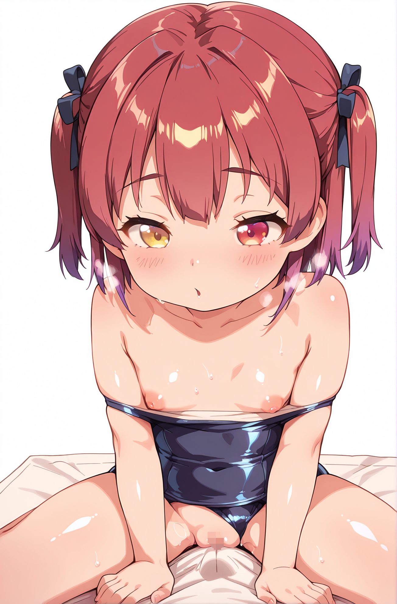 explicit, 1girl, solo, breasts, blush, short_hair, bangs, simple_background, red_eyes, 1boy, white_background, ribbon, twintails, sitting, nipples, swimsuit, hair_ribbon, yellow_eyes, hetero, red_hair, sweat, small_breasts, pussy, solo_focus, virtual_youtuber, flat_chest, two_side_up, one-piece_swimsuit, loli, covered_navel, heterochromia, school_swimsuit, aged_down, clothing_aside, blue_one-piece_swimsuit, one-piece_swimsuit_pull, swimsuit_aside, grinding, houshou_marine, 赤面, 短い髪, 前髪, 赤い目, リボン, ツインテール, 座り, 乳首, 水着, 髪リボン, 赤髪, 汗, 小さな胸, バーチャルYouTuber, 平らな胸, 両側アップ, ワンピース水着, ロリ, 学校水着, 衣服ずらし, 水着ずらし, 宝鐘マリン