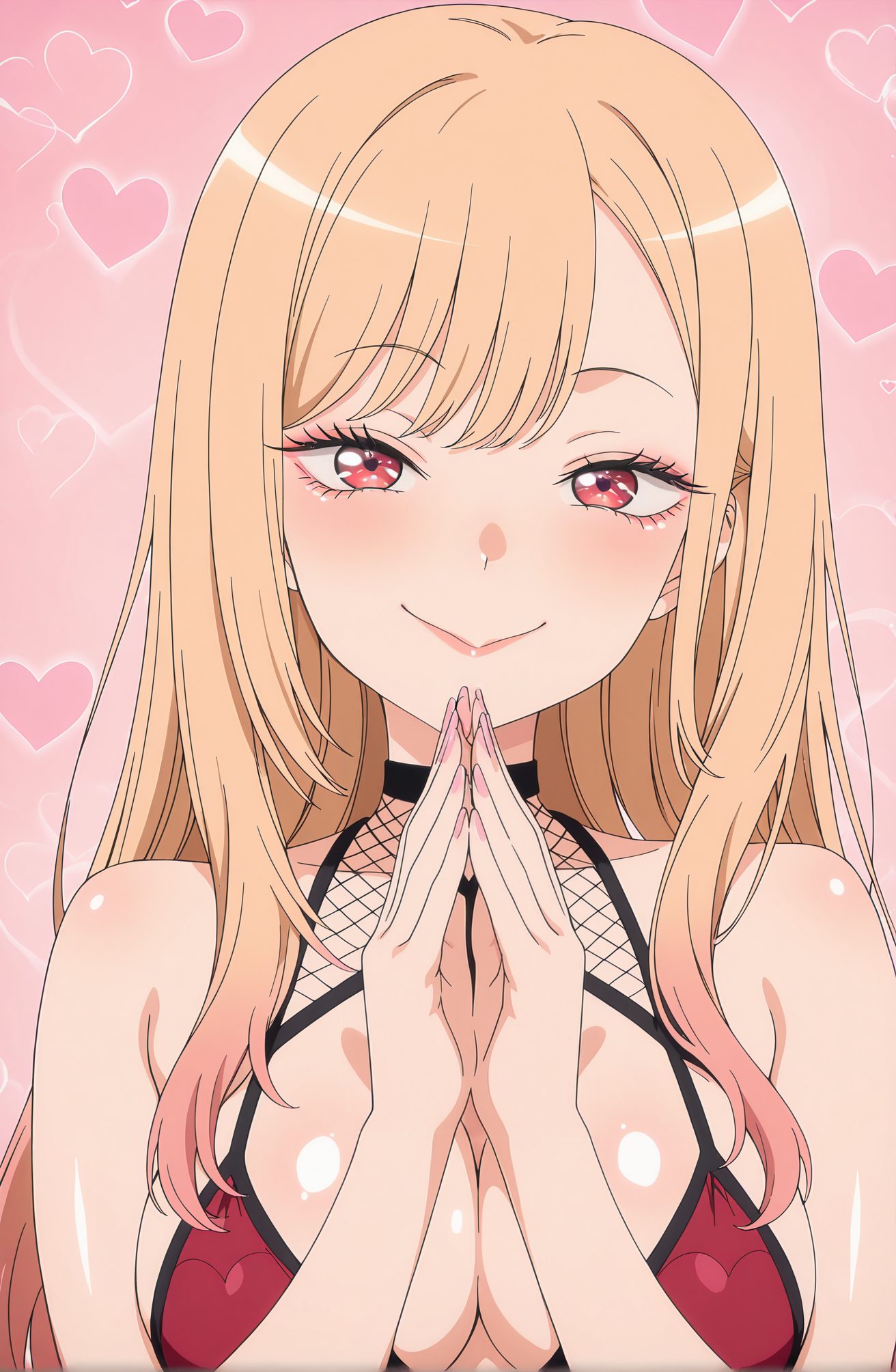 sensitive, 1girl, solo, long_hair, breasts, looking_at_viewer, blush, smile, bangs, blonde_hair, large_breasts, red_eyes, cleavage, bare_shoulders, closed_mouth, swimsuit, upper_body, heart, bikini, multicolored_hair, choker, shiny, nail_polish, fingernails, shiny_skin, eyelashes, gradient_hair, makeup, black_choker, pink_background, own_hands_together, pink_nails, red_bikini, kitagawa_marin, 長い髪, 赤面, 笑顔, 前髪, 金髪, 大きな胸, 赤い目, 肩出し, 口閉じ, 水着, ビキニ, 多色髪, チョーカー, 光沢, 光沢肌, 黒チョーカー, 喜多川海夢