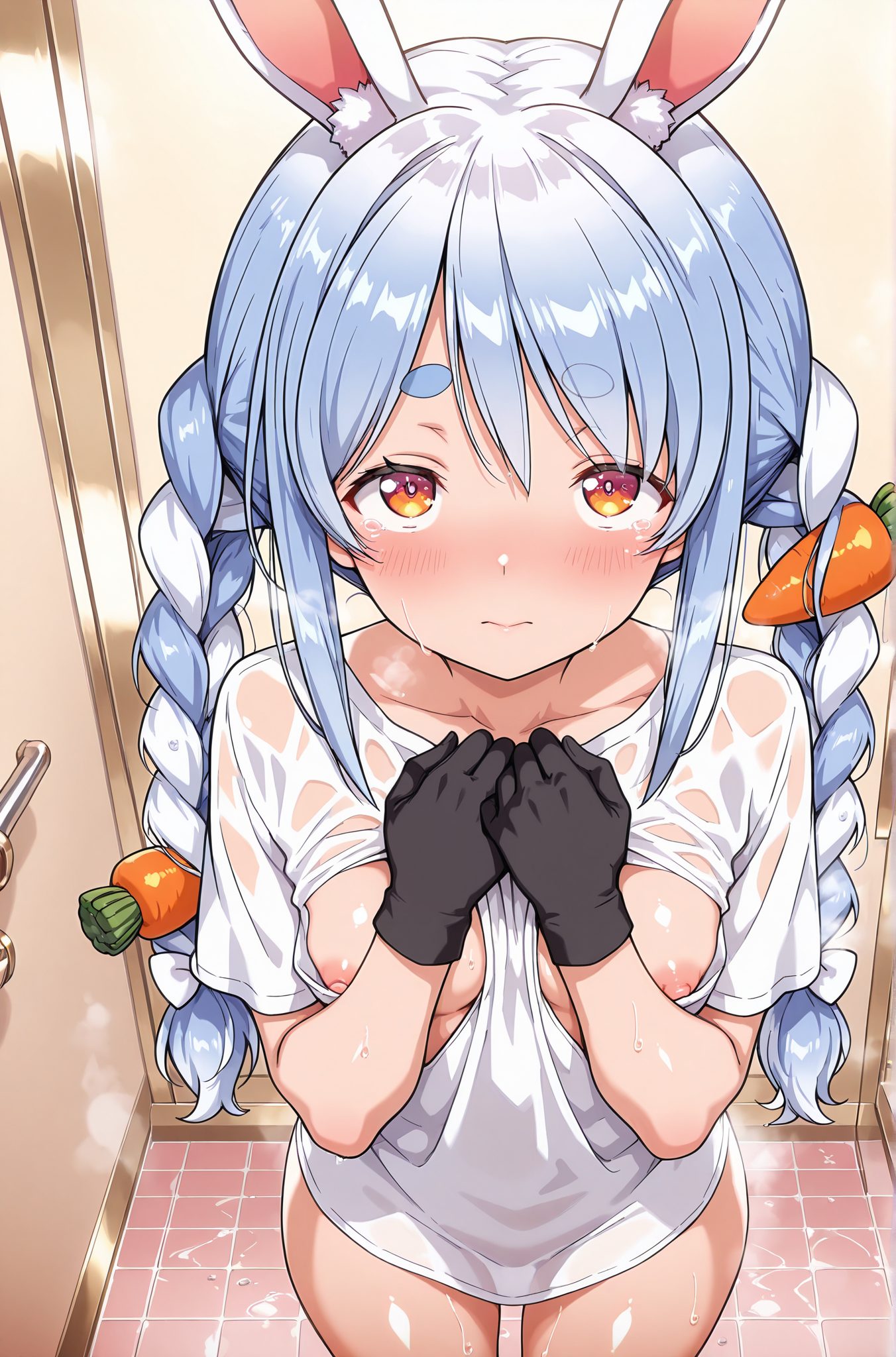 questionable, 1girl, solo, long_hair, breasts, looking_at_viewer, blush, bangs, shirt, hair_ornament, gloves, animal_ears, twintails, medium_breasts, closed_mouth, nipples, blue_hair, collarbone, white_shirt, braid, white_hair, short_sleeves, multicolored_hair, cowboy_shot, black_gloves, virtual_youtuber, tears, rabbit_ears, twin_braids, two-tone_hair, wet, orange_eyes, animal_ear_fluff, see-through, symbol-shaped_pupils, thick_eyebrows, t-shirt, wet_clothes, rabbit_girl, tiles, food-themed_hair_ornament, naked_shirt, wet_shirt, carrot_hair_ornament, bunny-shaped_pupils, usada_pekora, 長い髪, 赤面, 前髪, シャツ, 髪飾り, 手袋, 動物耳, ツインテール, 中くらいの胸, 口閉じ, 乳首, 青髪, 鎖骨, 白シャツ, 白髪, 多色髪, 黒手袋, バーチャルYouTuber, 涙, うさ耳, ツインブレイド, 兎田ぺこら, ok, 兎田ぺこら_posted