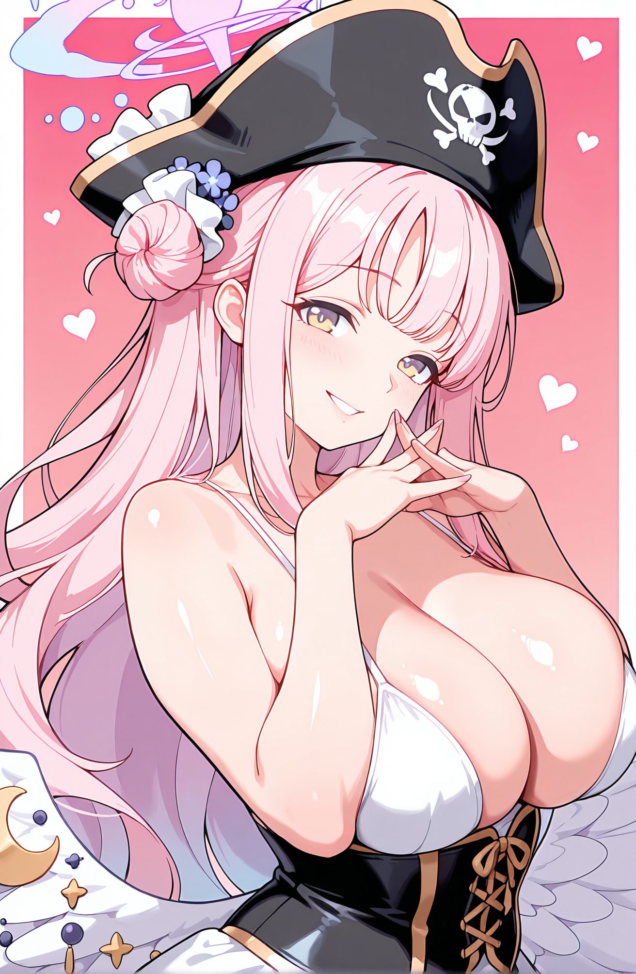 sensitive, 1girl, solo, long_hair, breasts, looking_at_viewer, blush, smile, bangs, large_breasts, hair_ornament, hat, dress, cleavage, bare_shoulders, very_long_hair, yellow_eyes, upper_body, pink_hair, flower, heart, wings, hair_flower, hair_bun, grin, gradient, bare_arms, gradient_background, black_headwear, halo, own_hands_together, feathered_wings, corset, angel_wings, white_wings, single_side_bun, low_wings, pirate_hat, mika_(blue_archive), 長い髪, 赤面, 笑顔, 前髪, 大きな胸, 髪飾り, 帽子, 肩出し, とても長い髪, ピンク髪, 髪の花, 髪団子, 海賊帽, ミカ（ブルーアーカイブ）