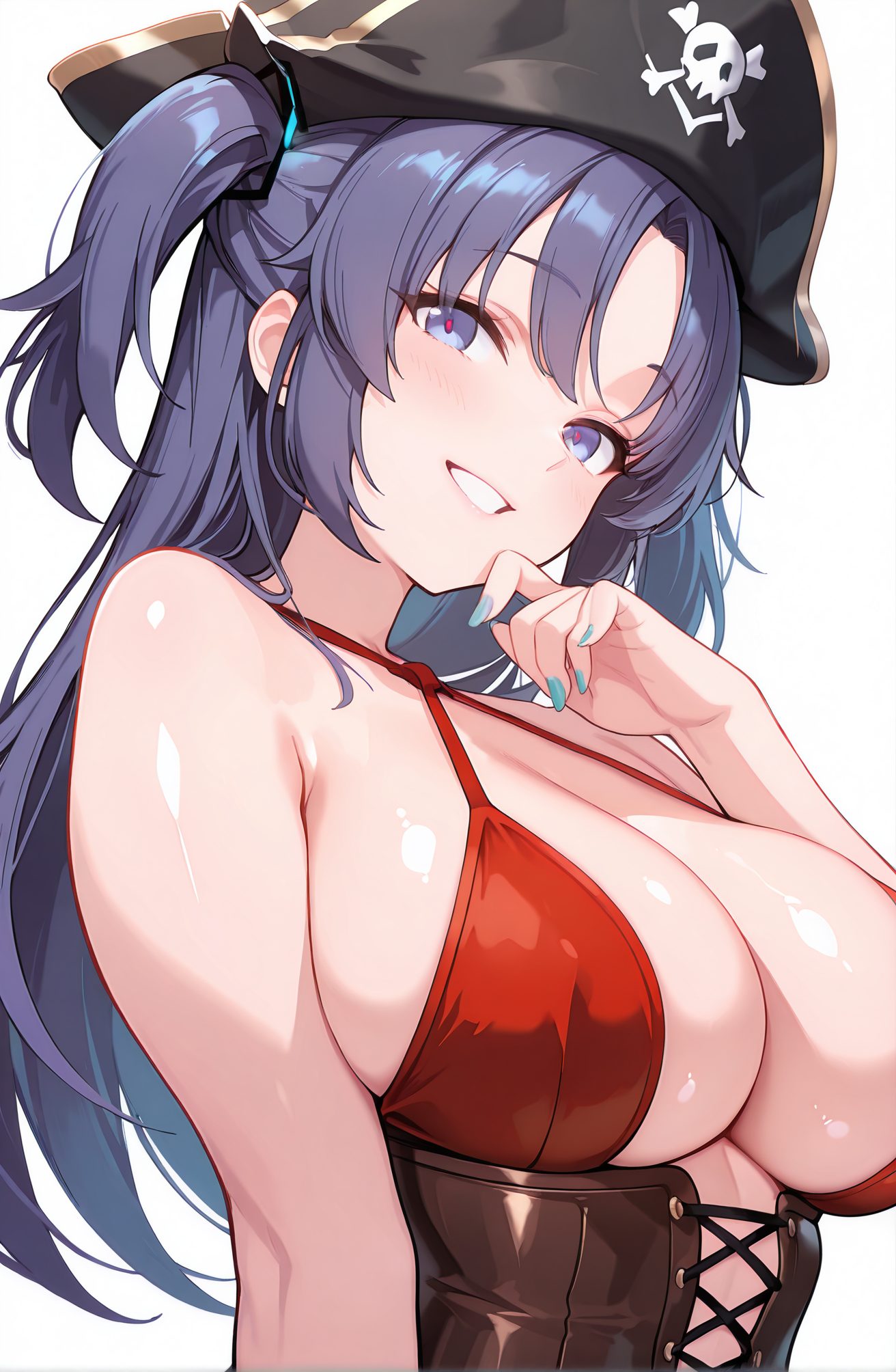 sensitive, 1girl, solo, long_hair, breasts, looking_at_viewer, blush, smile, bangs, blue_eyes, large_breasts, simple_background, hat, white_background, cleavage, bare_shoulders, blue_hair, purple_eyes, upper_body, purple_hair, heart, nail_polish, grin, two_side_up, parted_bangs, cosplay, black_headwear, halterneck, halo, corset, blue_nails, pirate_hat, pirate, yuuka_(blue_archive), 長い髪, 赤面, 笑顔, 前髪, 青い目, 大きな胸, 帽子, 肩出し, 青髪, 紫髪, 両側アップ, 海賊帽, ユウカ（ブルーアーカイブ）, ユウカ（ブルーアーカイブ）_posted