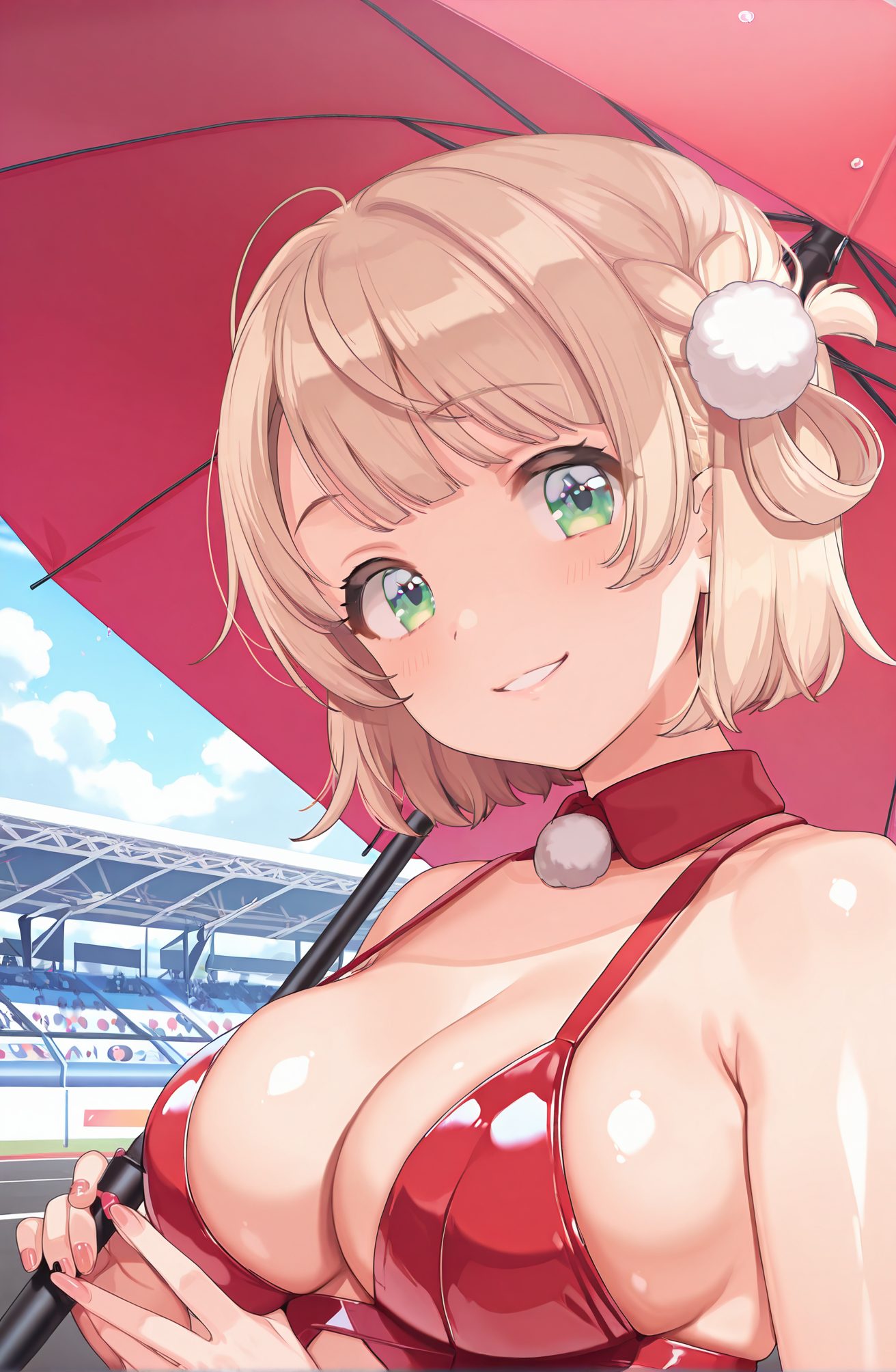 sensitive, 1girl, solo, breasts, looking_at_viewer, blush, smile, short_hair, bangs, blonde_hair, large_breasts, hair_ornament, holding, cleavage, bare_shoulders, green_eyes, swimsuit, upper_body, braid, bikini, outdoors, parted_lips, sky, day, shiny, cloud, virtual_youtuber, grin, blue_sky, fingernails, shiny_skin, detached_collar, umbrella, light_brown_hair, pom_pom_(clothes), french_braid, hair_rings, red_bikini, holding_umbrella, pom_pom_hair_ornament, 赤面, 笑顔, 短い髪, 前髪, 金髪, 大きな胸, 髪飾り, 肩出し, 緑の目, 水着, ビキニ, 光沢, バーチャルYouTuber, 光沢肌, しぐれうい